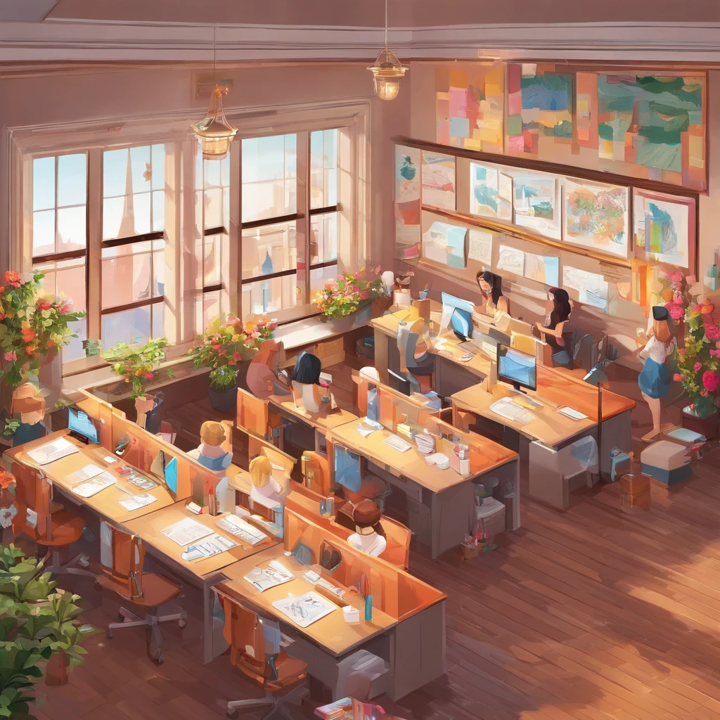 Quality first,masterpiece in detail,A leader,Several staff,Write and read,in class room,fresh flowers,Rich in color