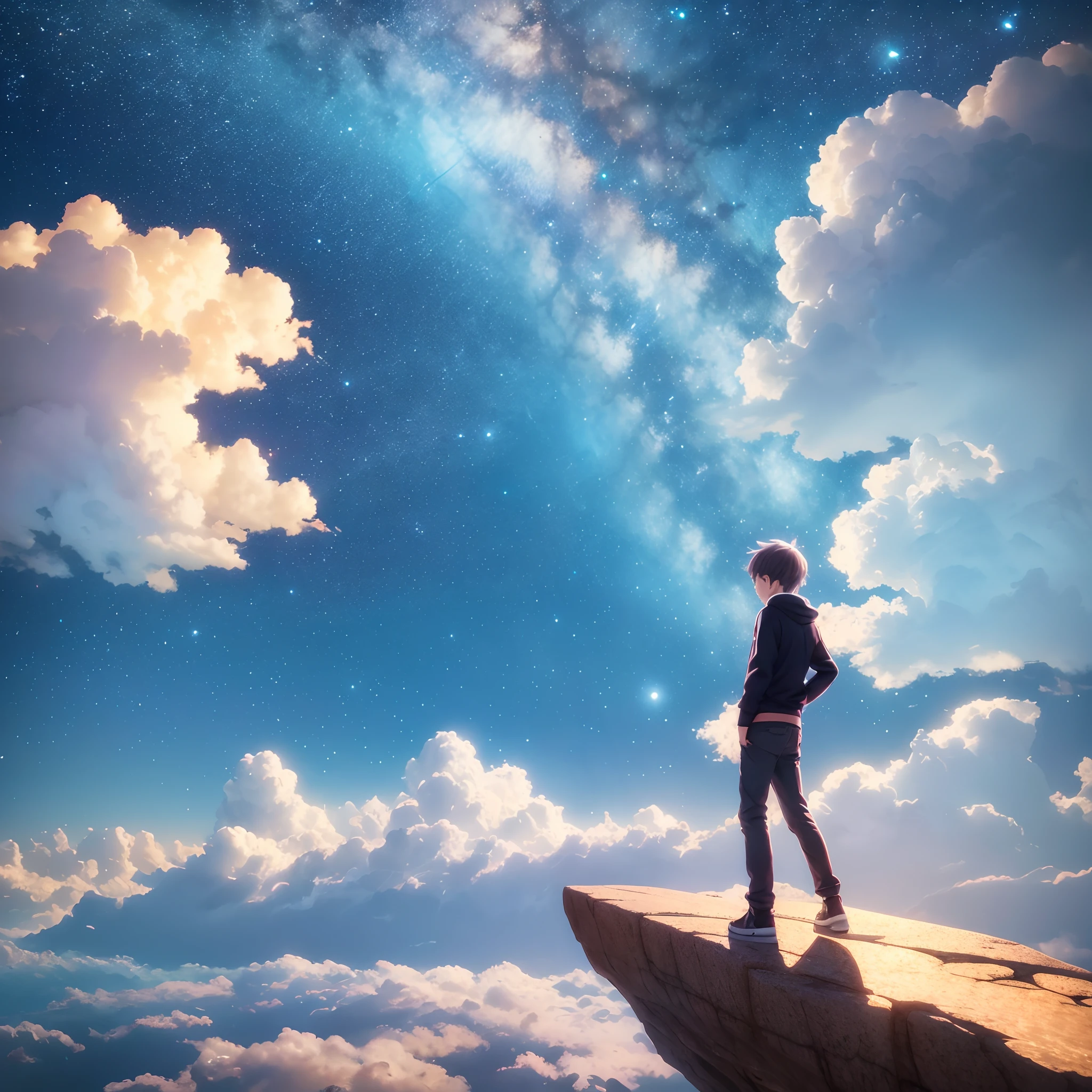 anime boy standing on a rock looking at a star filled sky, makoto shinkai cyril rolando, anime art wallpaper 4k, anime art wallpaper 4 k, anime art wallpaper 8 k, cosmic skies. by makoto shinkai, inspired by Cyril Rolando, in the style dan mumford artwork, amazing wallpaper, by Yuumei, white hair