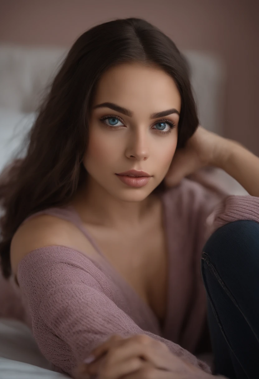 19 year old, arafed woman fully , sexy girl with blue eyes, ultra realistic, meticulously detailed, portrait sophie mudd, brunette hair and large eyes, selfie of a young woman, bedroom eyes, violet myers, without makeup, natural makeup, 8k uhd ,looking directly at the camera, face with artgram, subtle makeup, stunning full body shot kneeling on bed, in bedroom, medium to large size bust mixed race