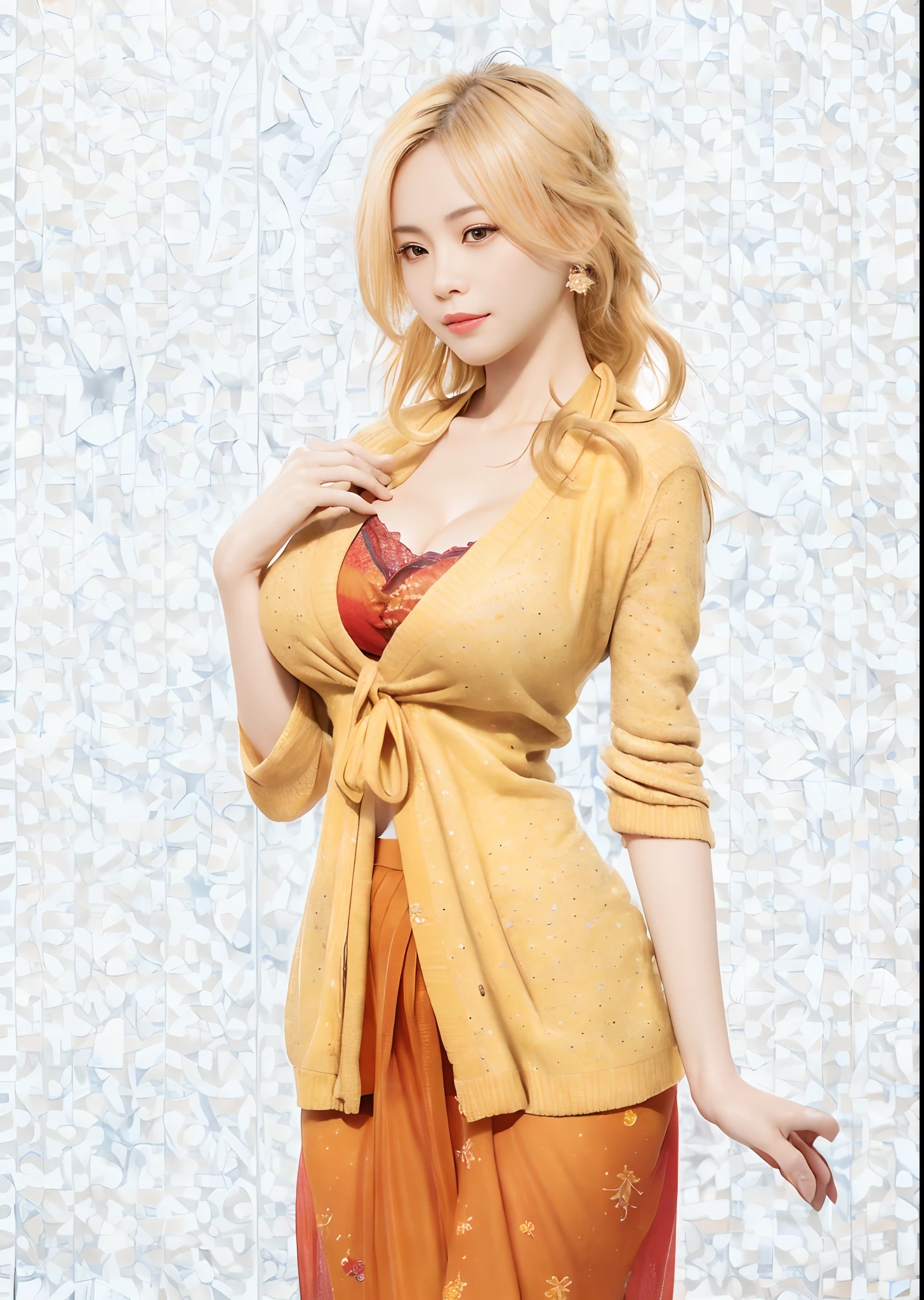 Highly detailed, best quality, ultra high res, (photorealistic:1.4), RAW photo, (from side:0.7), (bokeh:1.5), (bed), (in suite:1.6), (exotic skin), (blonde hair), big boobs, yellow cardigan, red skirt, japanese girl, cute