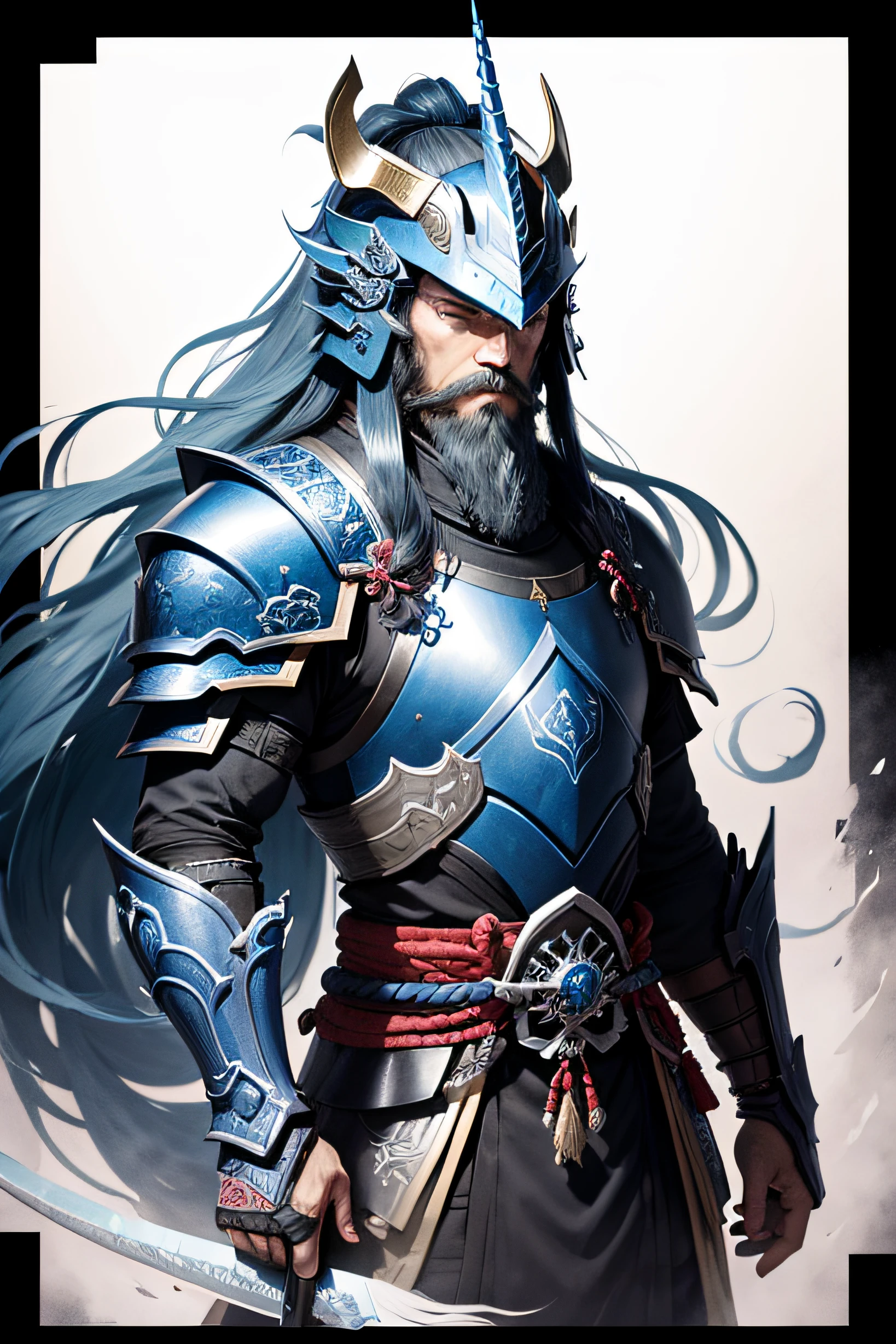 ancientry、Shogun、Long beard and long hair、Blue unicorn armor、dragon shaped helmet、ink wash style