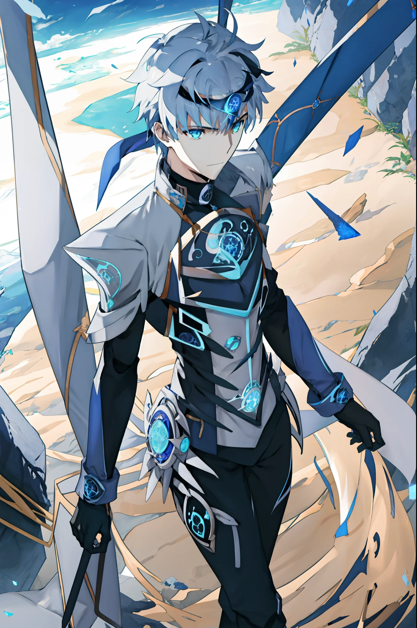 1male, fate go, gudao fusionado con la class card de melusine, con una armadura masculina metaliza azul, con patones azules neon en ciertos vordes, con un visor metalico, y unos propulsores que lo levantan con fuego azul.