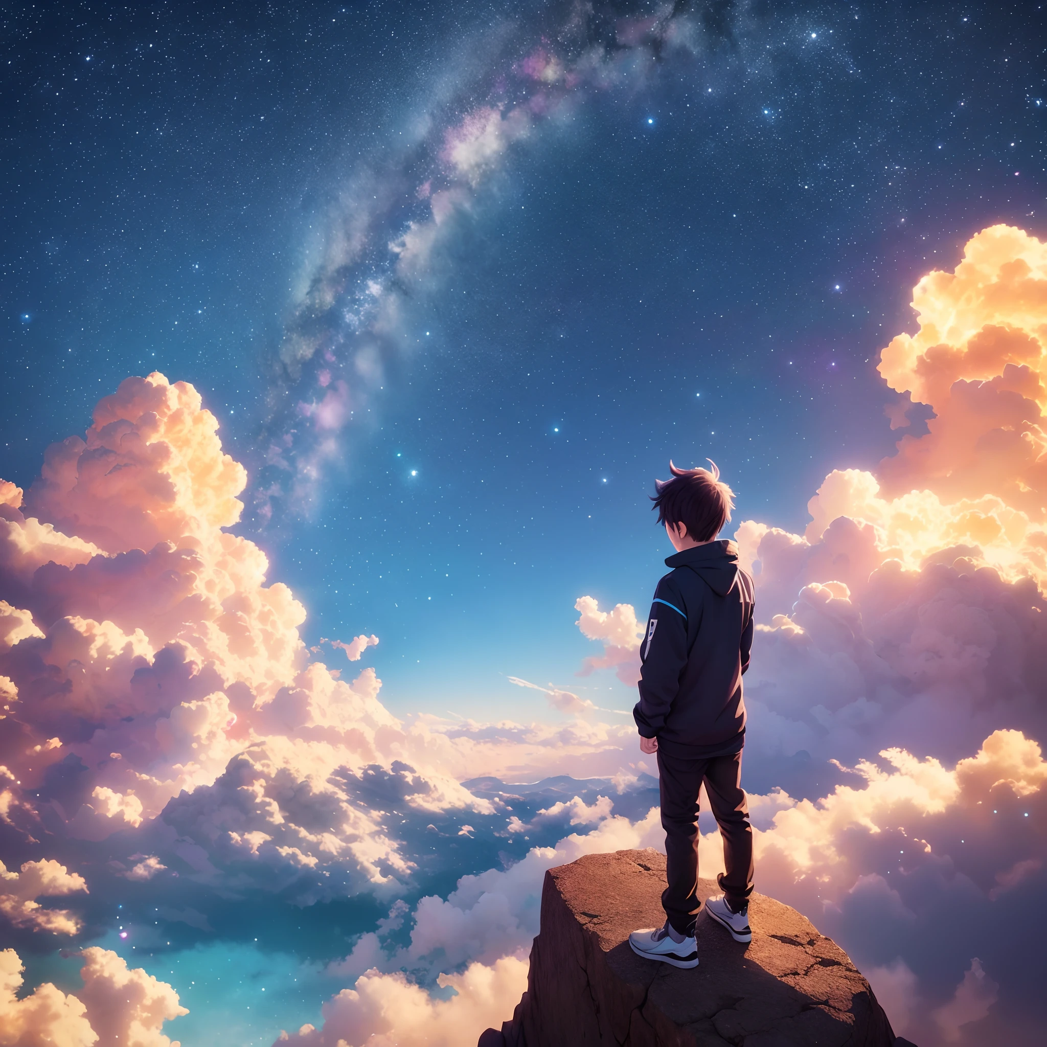 anime boy standing on a rock looking at a star filled sky, makoto shinkai cyril rolando, anime art wallpaper 4k, anime art wallpaper 4 k, anime art wallpaper 8 k, cosmic skies. by makoto shinkai, inspired by Cyril Rolando, in the style dan mumford artwork, amazing wallpaper, by Yuumei, white hair