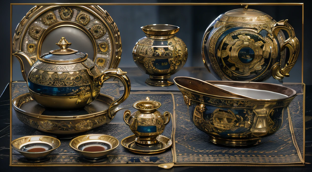 6 macho men,Top image quality,8K,conference site,In the canyon ancient temple,Look at the desktop all,Six male immortals,Black gold python robe crane relief,Gourd tea set,Six dishes and one soup,A masterpiece of telephoto photography,Realisticstyle,hyper photorealism, Cinematic lighting, projected inset,