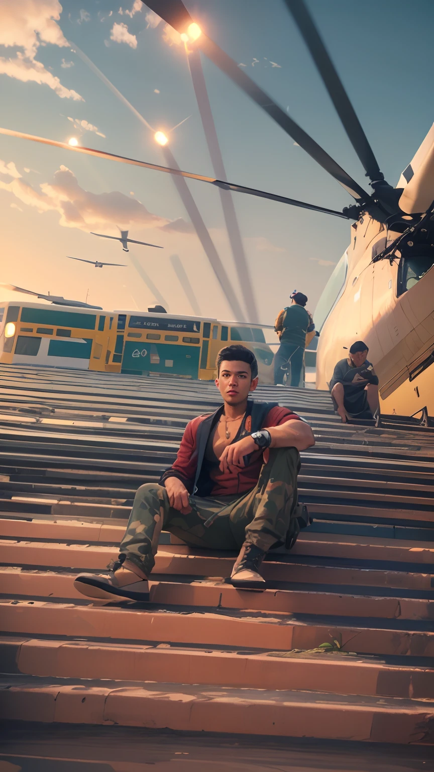 Handsome boy, 8k face ,helicopter,helicopter land