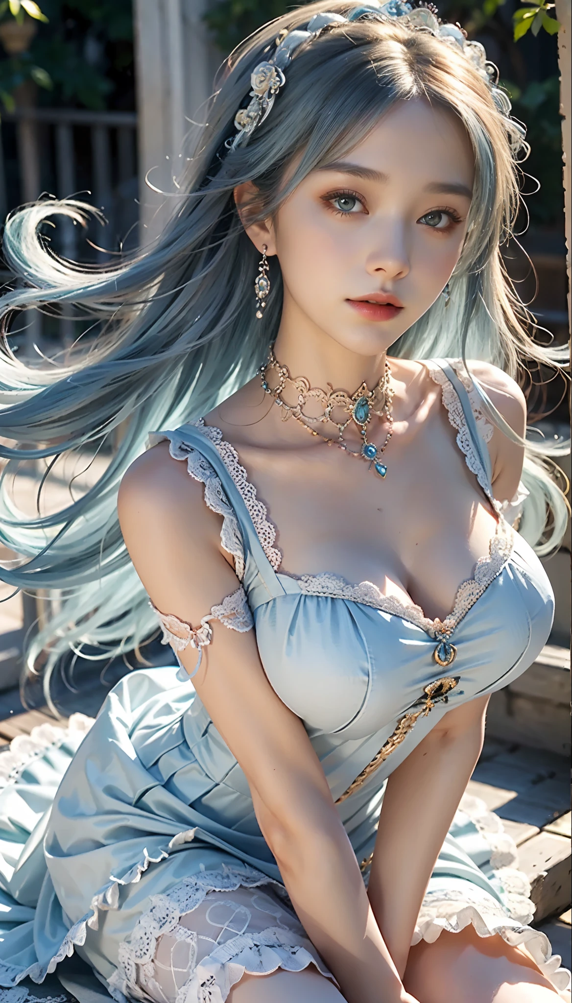 meticulous portrayal of face，1 noblewoman，(Lace orange Lolita maxi dress)，(Long flowing light blue hair)，Exquisite jewelry all over the body，Collar，Anklets，head chain，Lace-trimmed socks，(Lolita shoes)， s the perfect face， perfect hand， Perfect Finger， Perfect lips， perfect  eyes，Extremely normal body， Perfect background