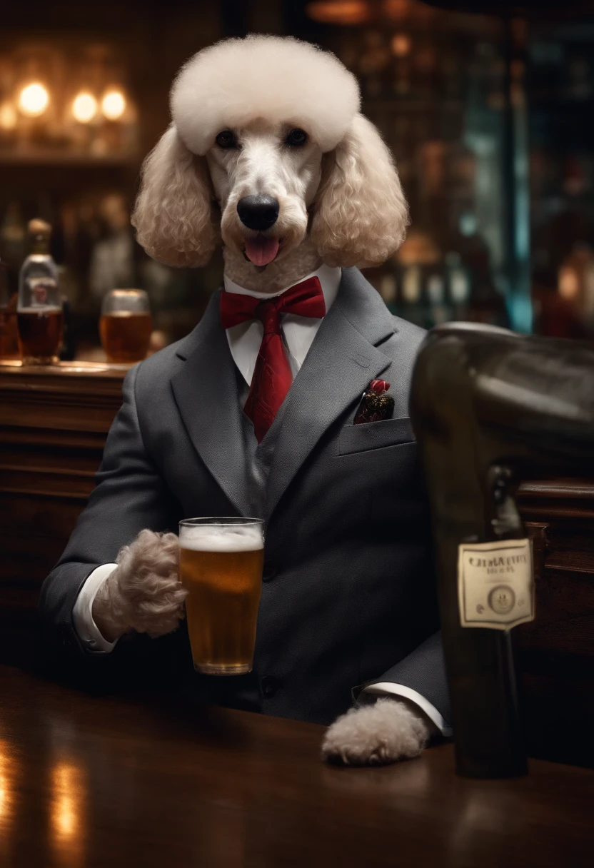 Masterpiece realistic, best ultra quality, perfect intricate details, RAW Photo, nice cinematic lighting, 4K, detailed background, big muscle, big muscle, bartender Labrador, glasses, male, short hairstyle, blonde hair, tuxedo, behind counter, bar, smile, agent, shot, better hand