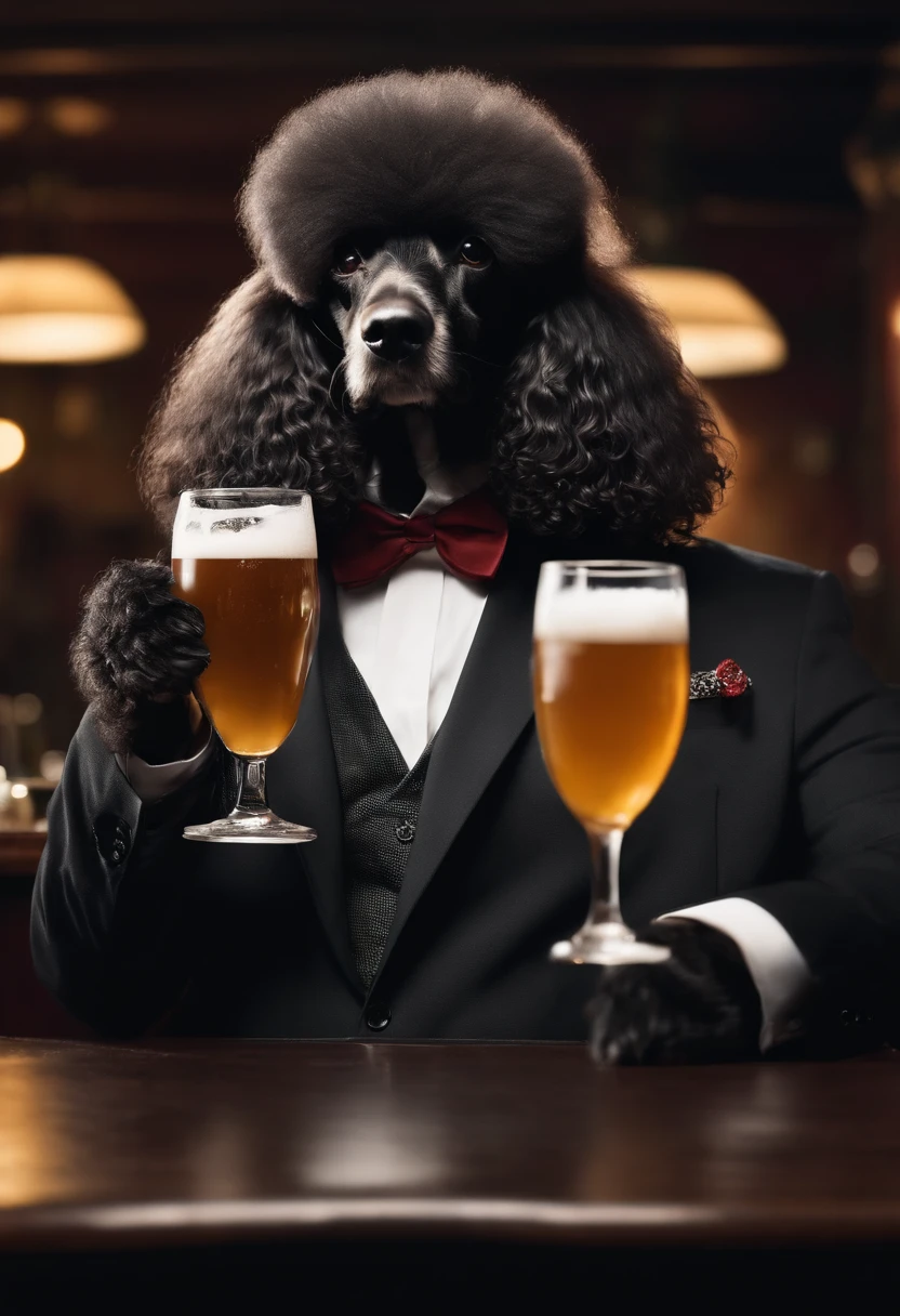 a poodle in a suit holding a glass of beer, photomanipulation, sitting at the bar, dark comedy, they reach into his mind, advertisements, deep in thought, boss, suave, barechest, hyperdetailled, orantalist, mafia, 50