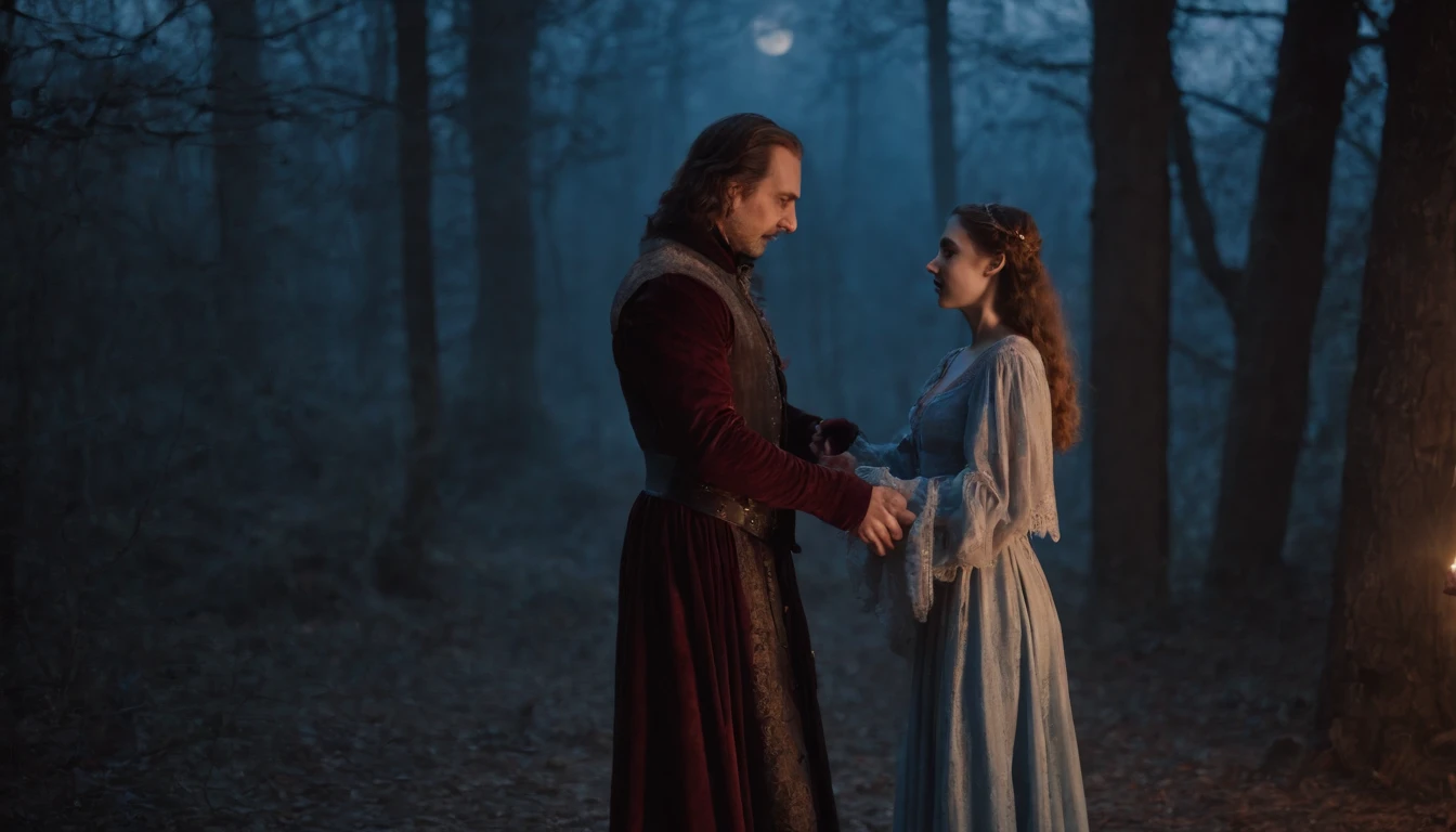 medieval Hungary, a vampire-like man dances with a young beautiful girl in the forest at night beneath a large blue moon, eerie, mystical, cinematic scene from film