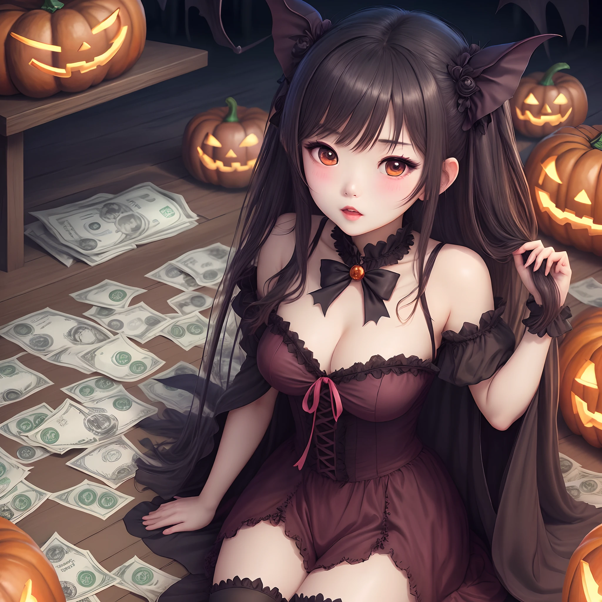 Halloween、a beauty girl、Surrounded by money、sleepy、succubus、Anime style