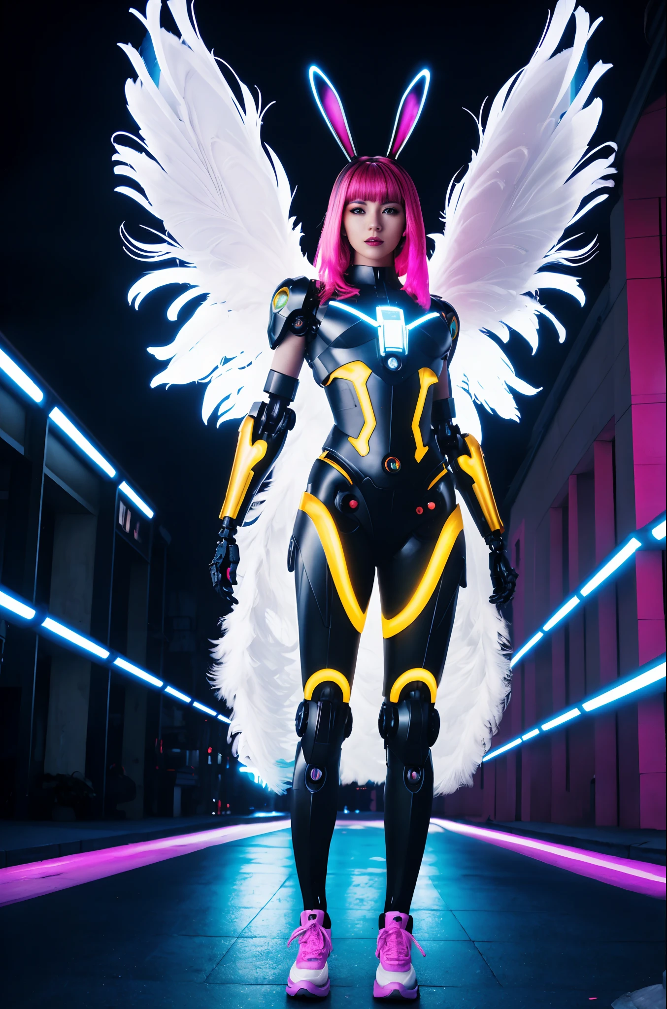 (wide wide shot),(Best quality,Masterpiece:1.2),(Futuristic cyborg woman), (Rabbit ears),bright colored hair,((A pair of huge feathered wings)),Her wings are a marvel of technology, A combination of a sturdy metal frame and a delicate translucent film,((Inside the mechanical body)),(Footwear),Metallic。(Facing the lens,Central symmetry),standing on your feet,(Uninhabited city streets),Vibrant colors,Light trails and neon lights in the background,Science fiction art style.The lighting is dramatic, Bright areas contrast strongly with deep shadows, creating a sense of depth and dimension. The overall composition is vibrant and captivating, Centered on cyborg girls, Exude power, Grace, There is also a touch of mystery.