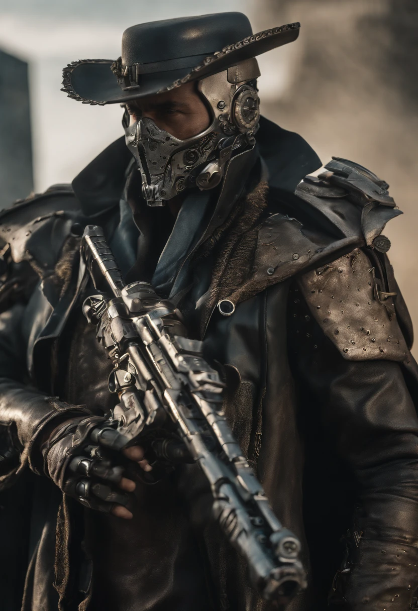 Visualize a male android, a striking fusion of human-like form and advanced machinery, standing in a post-apocalyptic wasteland. His sleek metallic body is both rugged and refined, reminiscent of iconic android characters from popular concept art. The android is dressed in a tattered, weather-worn duster coat, which flows dramatically in the wind. The coat, a patchwork of faded leather and aged fabric, exudes a sense of history and battle-tested experience. Beneath the coat, his sculpted, mechanical torso is visible, adorned with exposed gears and circuitry reminiscent of iconic cybernetic characters. These intricate details give him an air of technological sophistication. A broad-brimmed hat rests atop his head, casting his artificial face in shadow, just as popular android concept art often conceals facial features in mystery. Only one eye, a piercing blue light like those seen in renowned android designs, glows beneath the hat's shadow, conveying an aura of enigmatic determination. The lower half of his face is exposed, revealing a chiseled jawline and a set of mechanical lips. This juxtaposition of human and mechanical elements adds depth and intrigue to his appearance. One of his arms, an intricate masterpiece of polished chrome and intricate design, terminates in a hand that clutches a futuristic six-shooter. This weapon, with its intricate and ornate design, mirrors the iconic firearms often seen in cybernetic and android concept art. In this moment, amidst the desolation of the wasteland, the android stands as a captivating embodiment of popular android character concepts. The wind stirs his coat, creating a dynamic and visually arresting tableau. The Stranger is poised for action, a male android who captures the essence of technological prowess and mysterious determination.