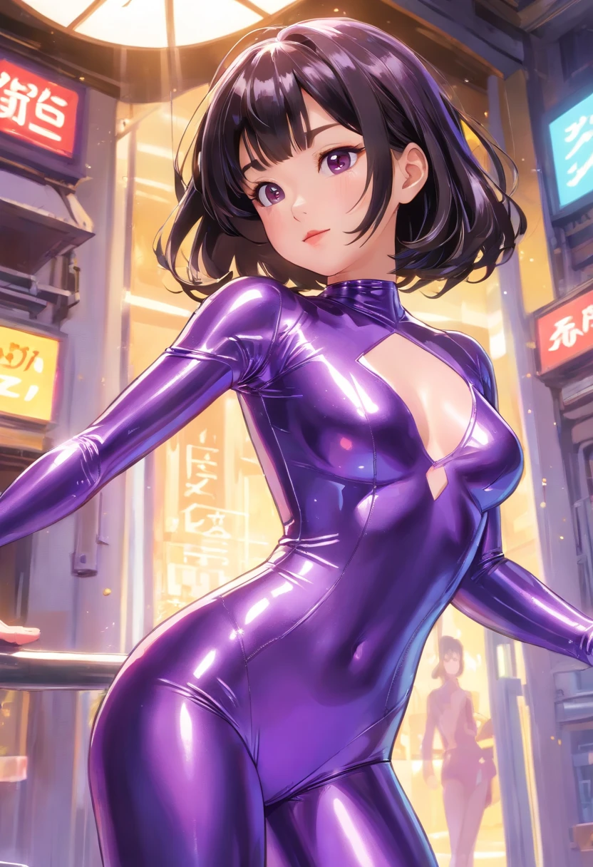 cowboy shot,(Super shiny reflective purple super shine enamel latex leotard covering the body:1.5),highleg、 No helmet,bob cuts,Powerful light on the chest,Young Sensual Gravure Idol, teats, (Colossal tits:1.1), Gold ratio, face perfect, a Pretty face, The face of a young actress in Japan, (Black hair:1.6), Tied waist, Colossal tits, perfect foot, perfect hand, Clean facial skin, Perfect fingers, perfect chest,bob cuts, Smiled face, A futuristic, depth of fields, reflective light, retinas, awardwinning, hight resolution, Light shines all over the body, detaileds, Parted lips, mechs, Asian Girl, 1girl in, Solo, Beauty face, Perfect face, reflective light, 8K, Anatomically correct, Textured skin, high details, High quality, 8K, nffsw, masutepiece, ccurate, Super Detail, high details, High quality,Cyborg suit,hight resolution,mechs,1girl in,Solo,Blurry_light_Background