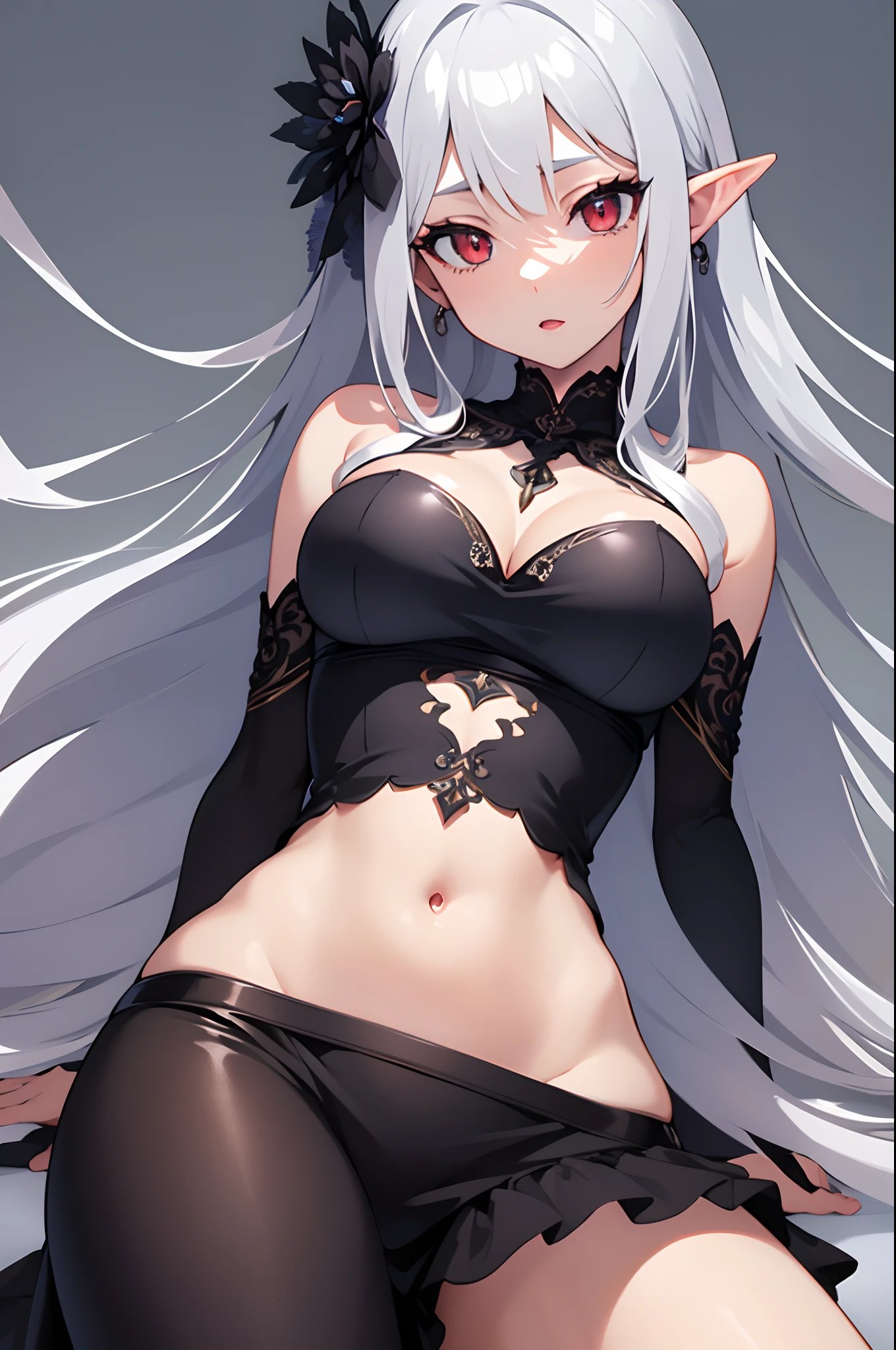 1girl, anime, cute girl, elf, blank background, white background, fantasy, detailed dark fantasy dress with highlights, beautiful face, beautiful eyes, dark colors, medium breasts, slight cleavage, beautiful skin, cute, silver hair, red eyes, breast curtains, extremely delicate and beautiful, (beautiful detailed face:1.0), (detailed deep eyes), symmetrical breasts, deep eyes, shiny skin, portrait, slender waist, hips wider than shoulders, thighs, young girl
