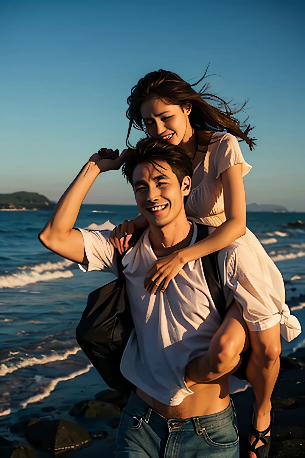 man carrying a woman at the sea