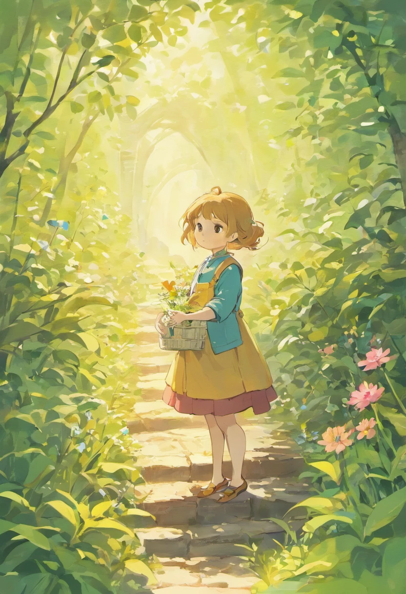 Illustration of a picture book in the style of Beatrix Potter, Shows a girl in the garden. The illustrations are attractive and exquisite, Soft colors and details.
