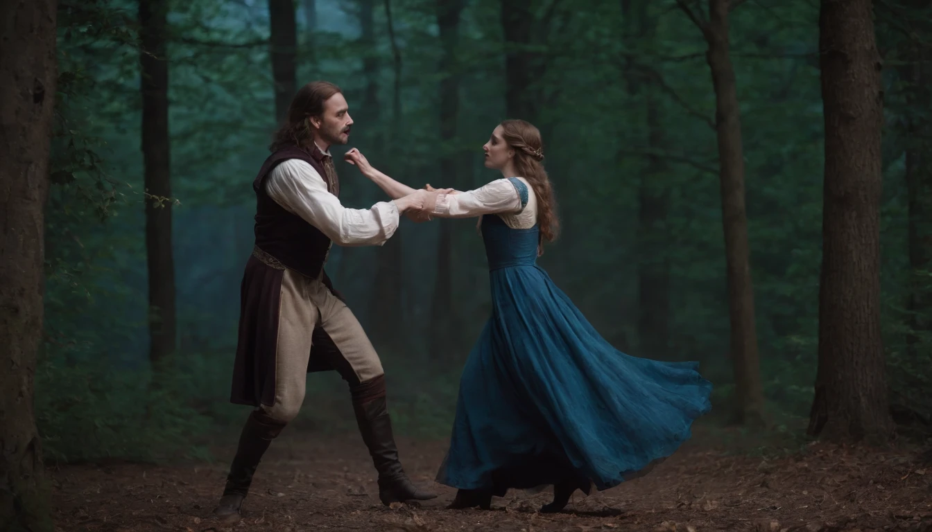 medieval Hungary, a medieval vampire-like man dances with a young beautiful girl in the forest at night beneath a large blue moon, eerie, mystical, cinematic scene from film