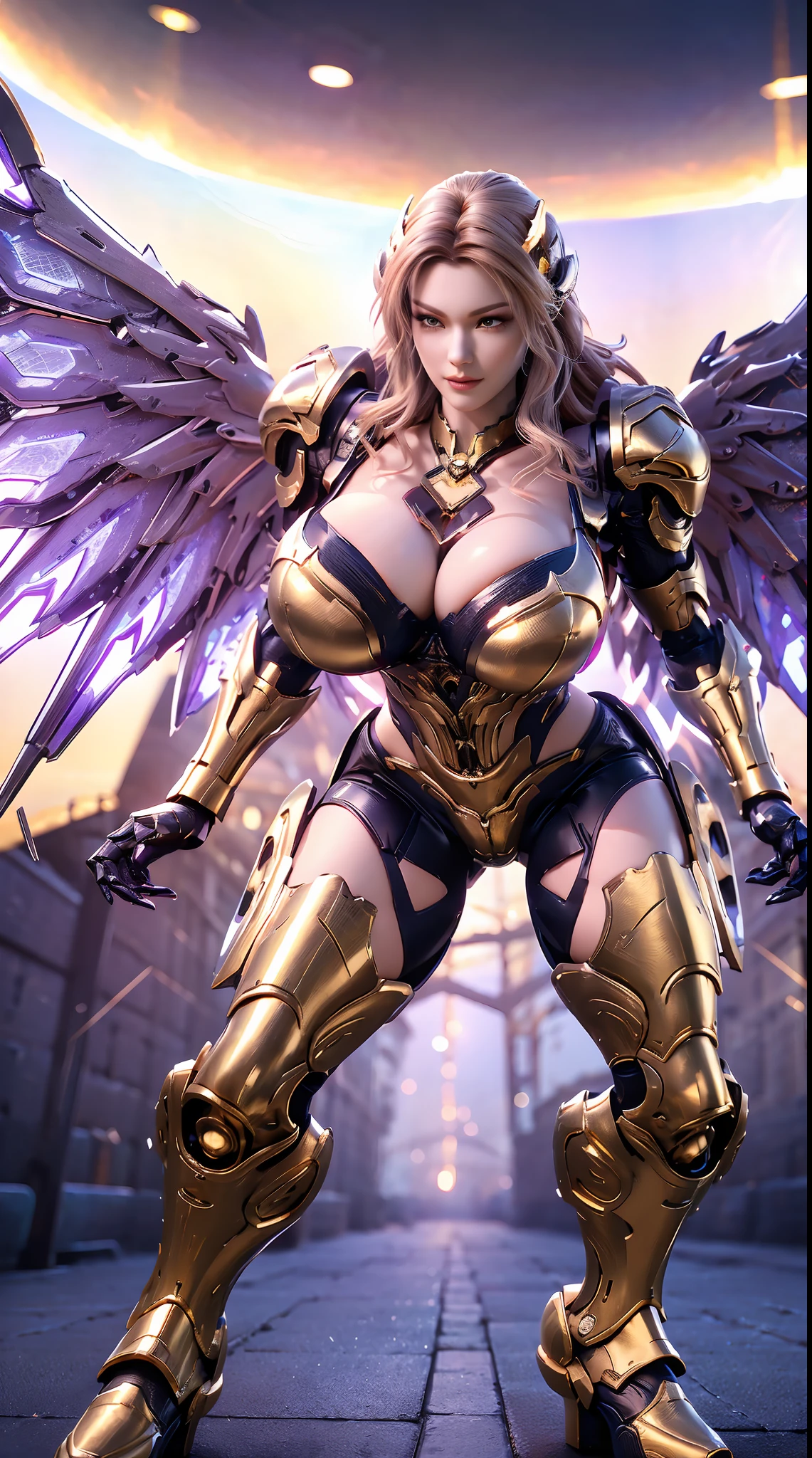 (DRAGON HEAD), HUGE FAKE BOOBS, (BEAUTIFUL FACE), (GOLD:1.2, WHITE:0.8, PURPLE:0.9), (MECHA ARMORED GEAR), (((A PAIR OF HUGE MECHANICAL WINGS SPREAD OUT))), FUTURISTIC DRAGON MECHA SUIT, (CLEAVAGE), (SKINTIGHT YOGA PANTS), (HIGH HEELS), (PERFECT BODY:1.2), (FULL BODY VIEW), FRONT, (POSING STANDING:1), SEXY MUSCULAR BODY, MUSCLE ABS, UHD, 8K, 1080P.