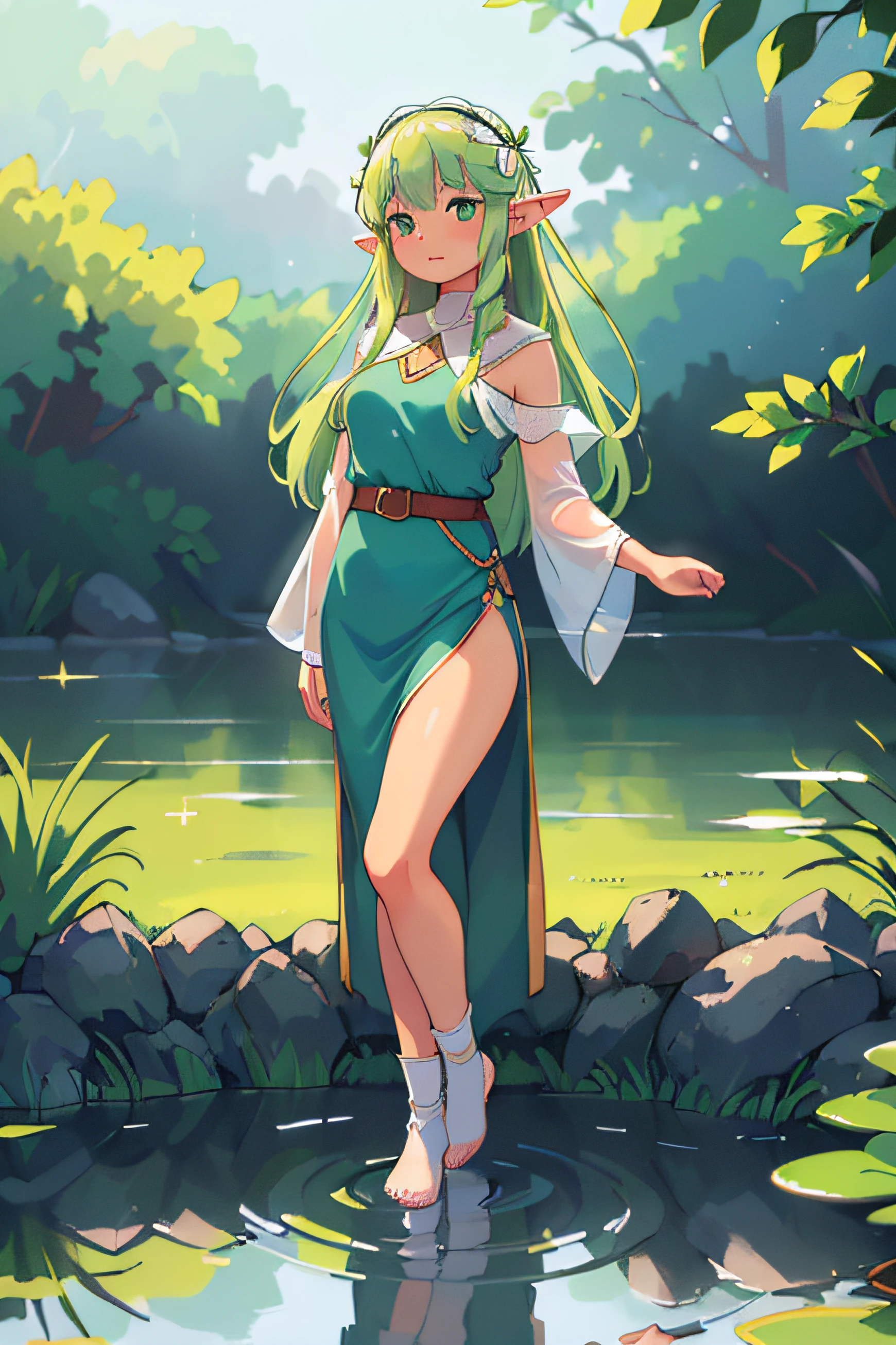 Zelda ((masterpiece)), (illustration), ((best quality)), rainbow color, high resolution illustration, Amazing, highres, intricate detail, extremely detailed CG unity 8k wallpaper ((zelda)), small breast, naked, Blonde long hair, infatuation, (green eyes), NSFW, moonlight, night, in the water, hot spring, sexy short skirt, no panties, wet clothes, transparent clothes, no bra, undressing, lifting skirt