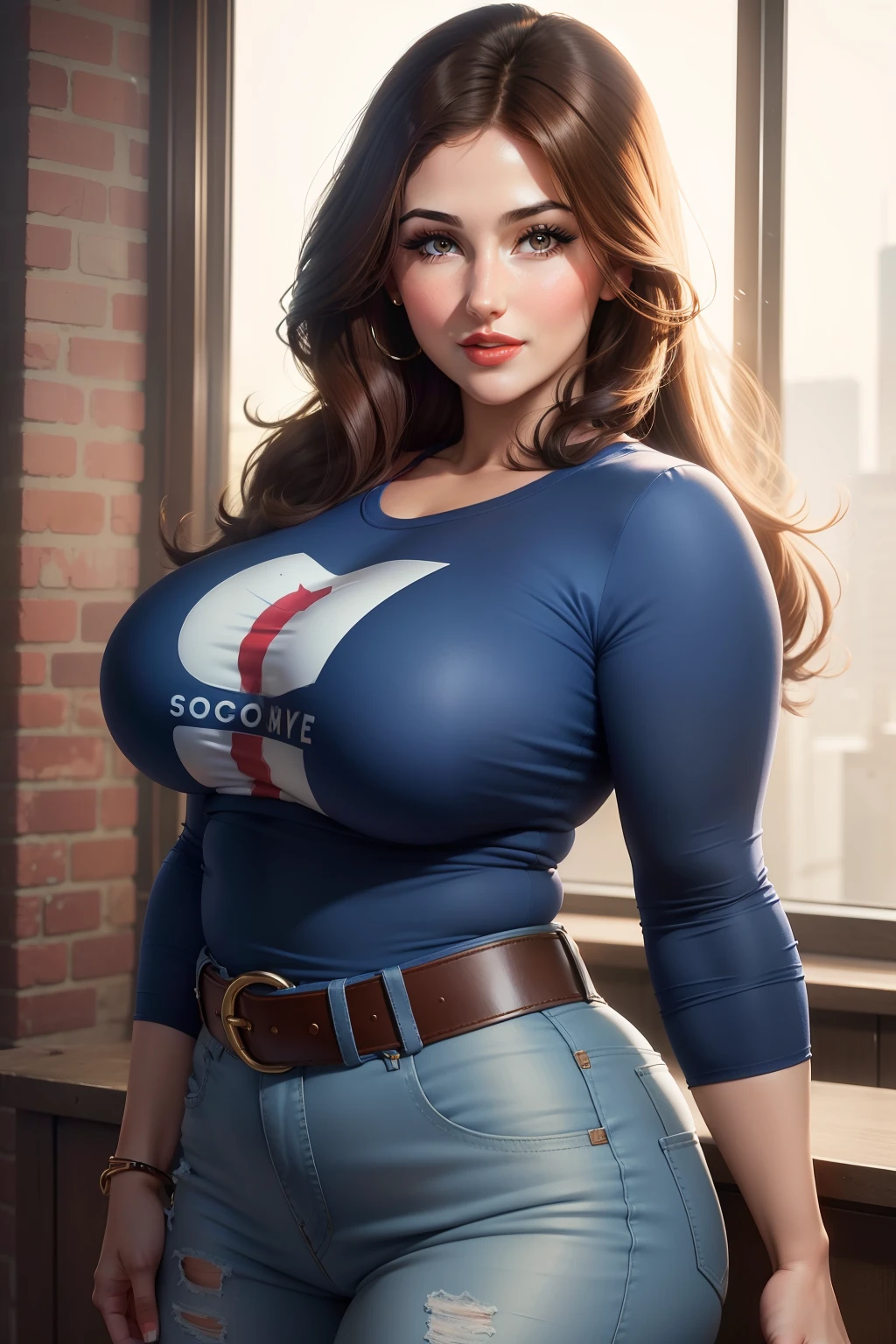 lucy pinder, portrait, face portrait, smiling, red lips, full lips, voluptuous chubby woman, brown hair, straight hair, long sleeve t-shirt, ((blue t-shirt)), belt, long jeans, wallet.