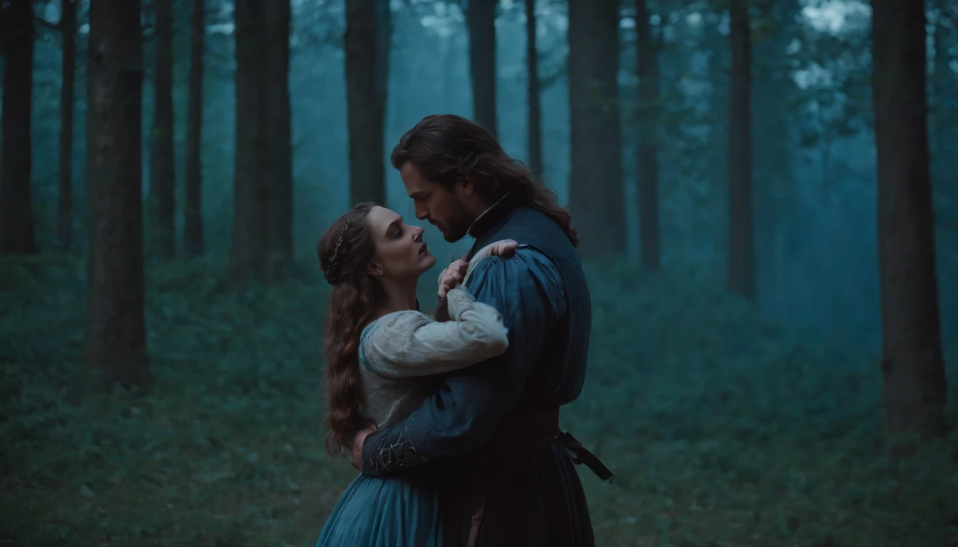 medieval Hungary, a medieval vampire-like man dances with a young beautiful girl in the forest at night beneath a large blue moon, eerie, mystical, cinematic scene from film