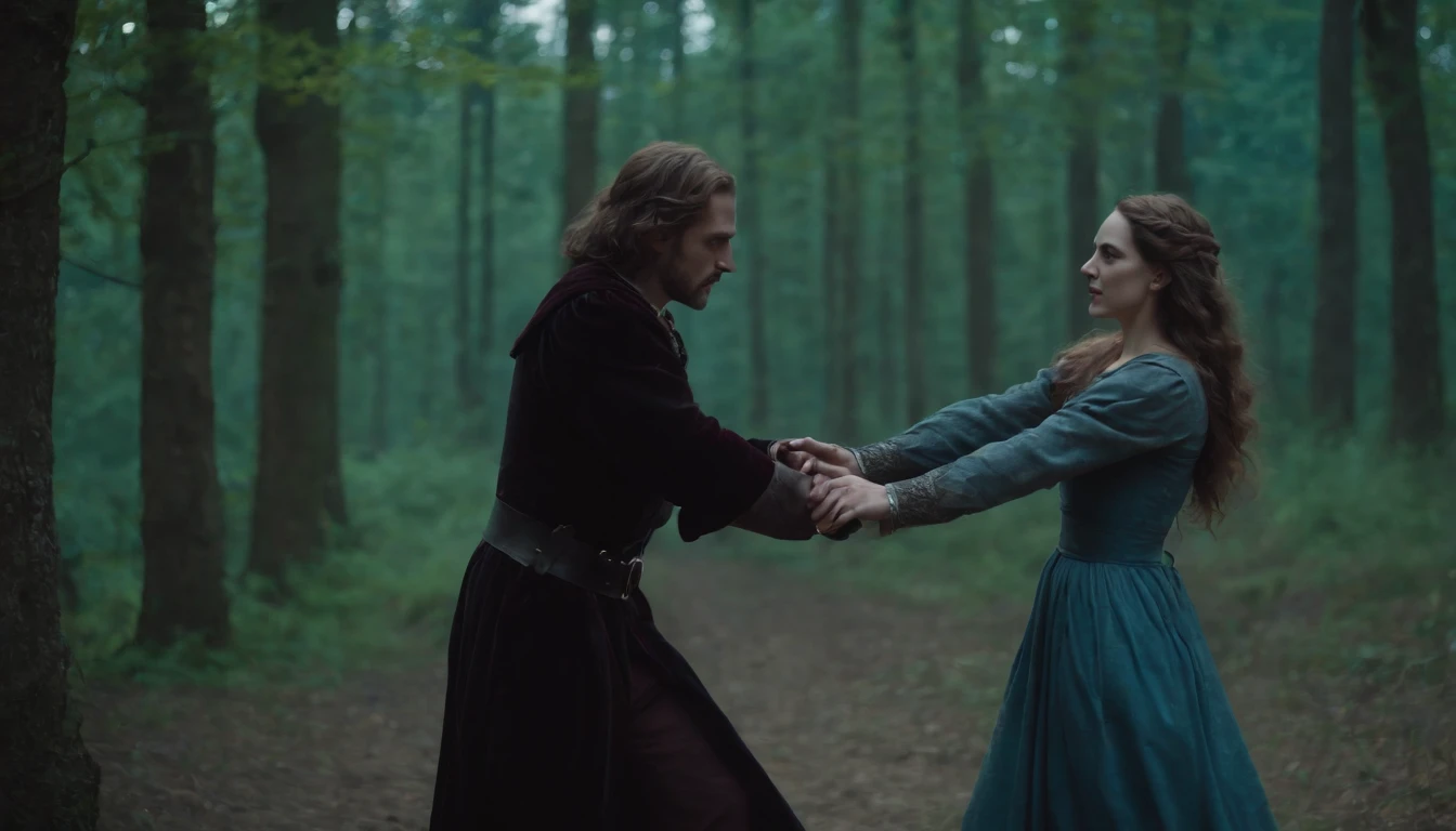 medieval Hungary, a medieval vampire-like man dances with a young beautiful girl in the forest at night beneath a large blue moon, eerie, mystical, cinematic scene from film