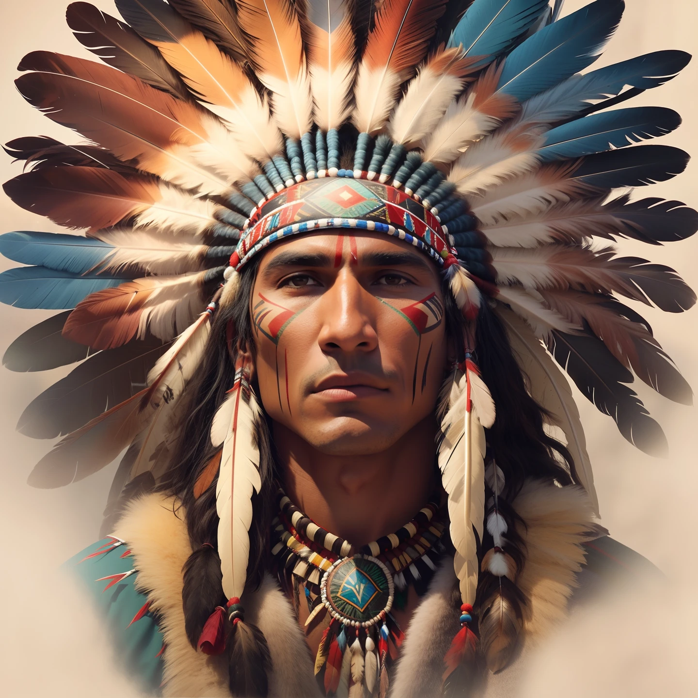 Extremely perfect cinematic humanized hyperrealistic image of a Native American man with feathers on his head, Indian warrior, Nativo americano, Guerreiro nativo americano, Arte nativa americana, INDIAN, Um guerreiro nativo americano, american indian headdress, nuvem vermelha, Arte nativa, cena de filme hd, eagle feather, cena de filme hd, amazing hyperrealistic image, : native american shamen fantasy, Chapelaria Nativa Americana de Penas, cena de filme estilo DC