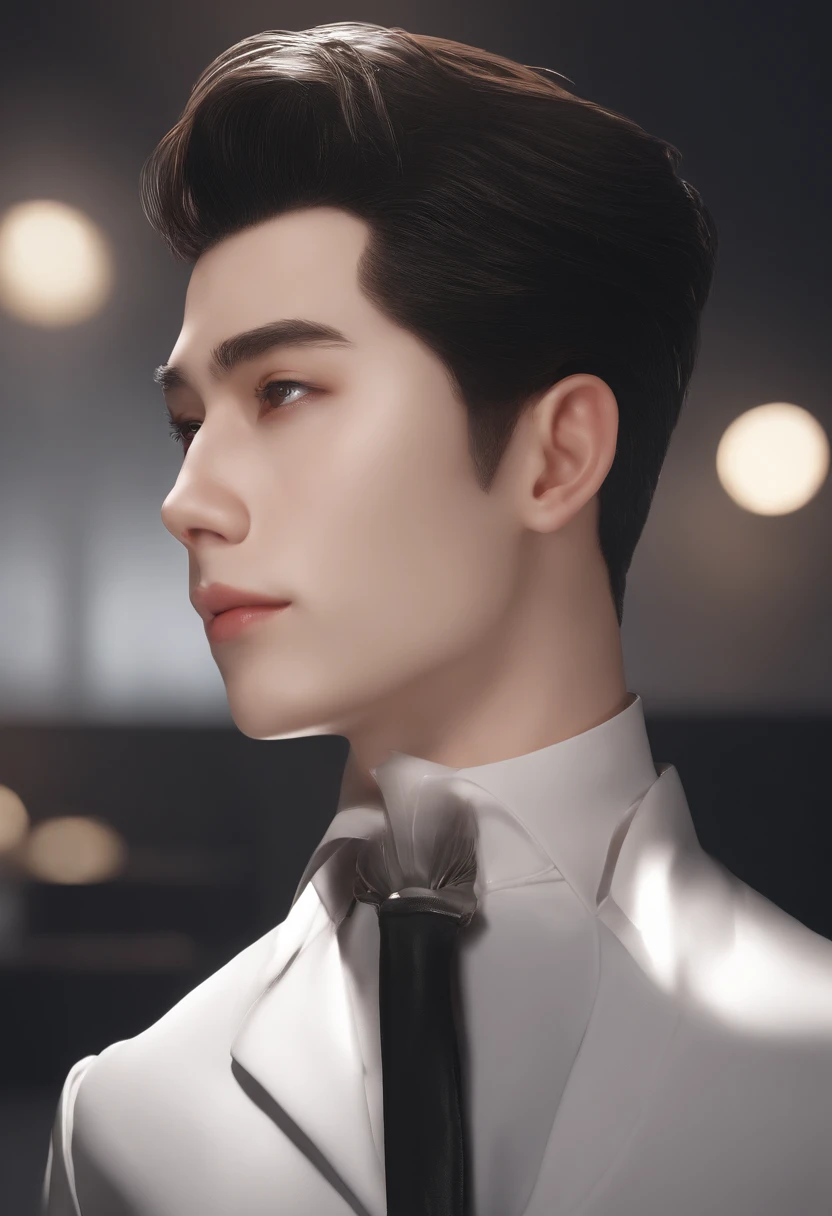 There is a handsome boy,super detailed on face,white business suit,with short black hair,Characters are ultra-detailed,In warehouses,It was piled with meat,Meat,Fresh meat,Highly realistic,Grab fresh meat with your hands and eat,4K,chiaroscuro,hyper-high detail