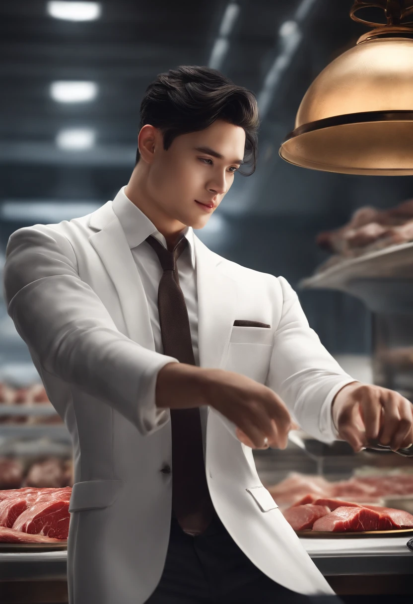 There is a handsome boy,super detailed on face,white business suit,with short black hair,Characters are ultra-detailed,In warehouses,It was piled with meat,Meat,Fresh meat,Highly realistic,Grab fresh meat with your hands and eat,4K,chiaroscuro,hyper-high detail