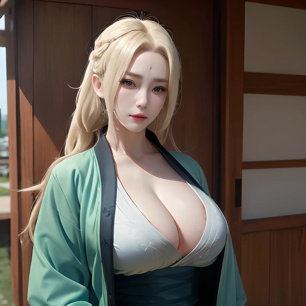 highres, sharp focus, pixiv masterpiece, ((intricate details)), highly detailed,  upper body shot, 1girl, mature, blonde hair, blue forehead mark,white kimono, green jacket, sash, tsunade_senju, gigantic breasts, white ethnicity