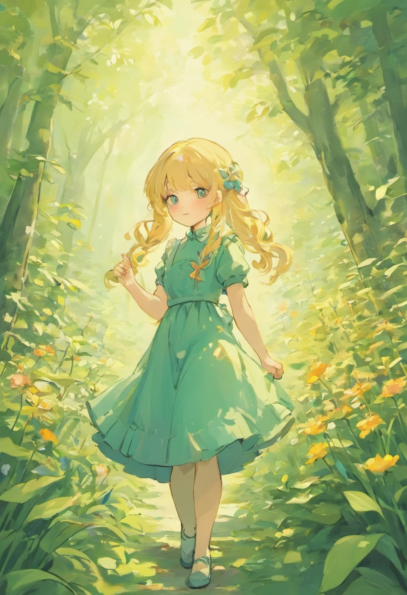 Illustration of a picture book in the style of Beatrix Potter, Shows a girl in the garden.Girl Blonde Hair,Girls wear only green dresses, The illustrations are attractive and exquisite, Soft colors and details.