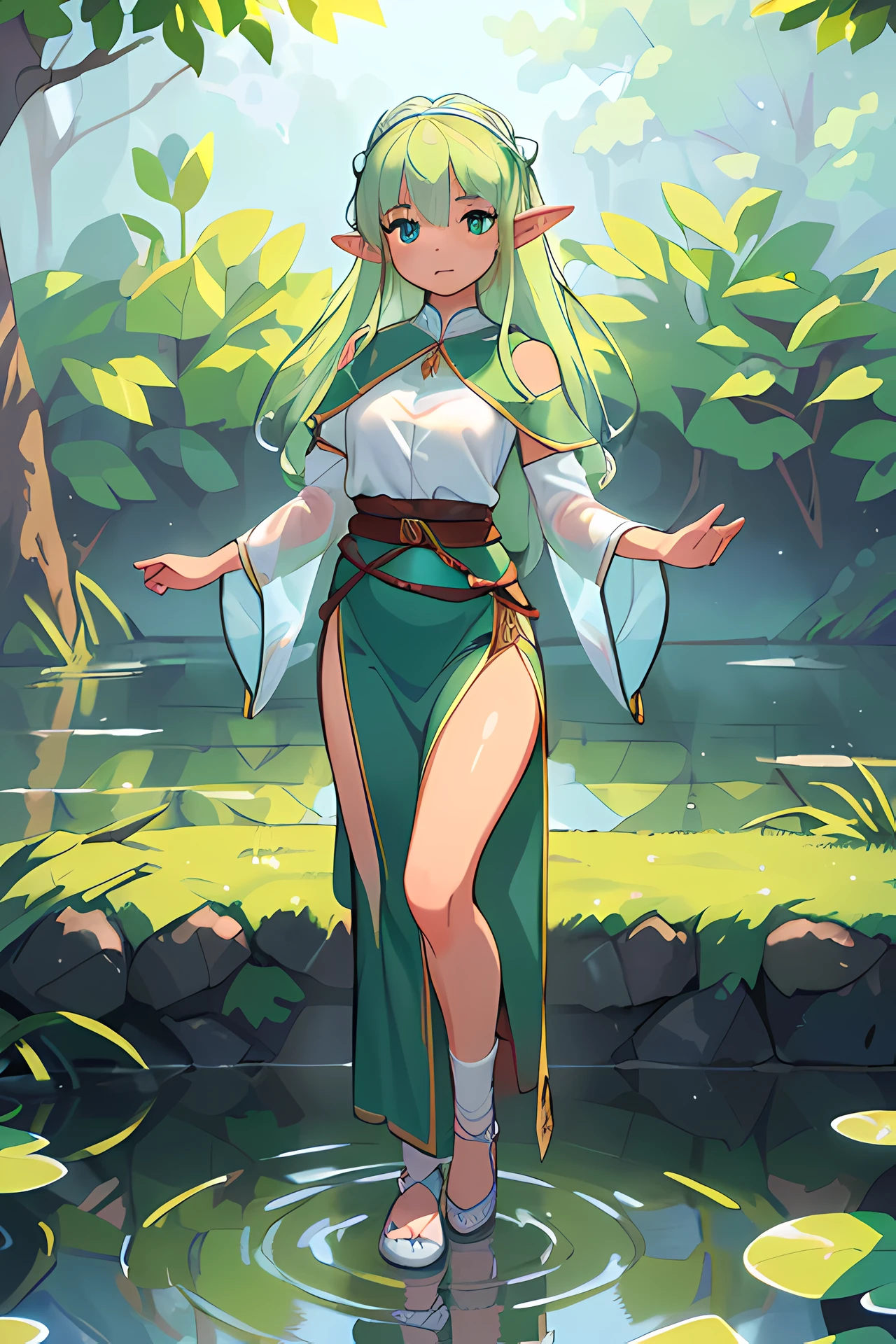 (A girl,elf:1.1),(peaceful expression,Serene expression,Calm expression,Serene expression),(Light green skin),(Gentle eyes,Soft eyes),(Relaxed mouth,Relax lips),(Calm ripples of water)(Tranquil ripples of water)(Gentle water ripples),(Peaceful atmosphere,Calm atmosphere,Tranquil atmosphere),(full body shot of,full-body view),(Front view,Frontal view),(Pure white background),(Best quality,4K,8K,A high resolution,Masterpiece:1.2),(Ultra-detailed,Highly detailed,exquisite and meticulous),(Realistic,Photorealistic,photo-realistic:1.37),(Vivid colors),(Soft lighting),(Elf-like),(Ethereal),standing on your feet,Full body standing painting