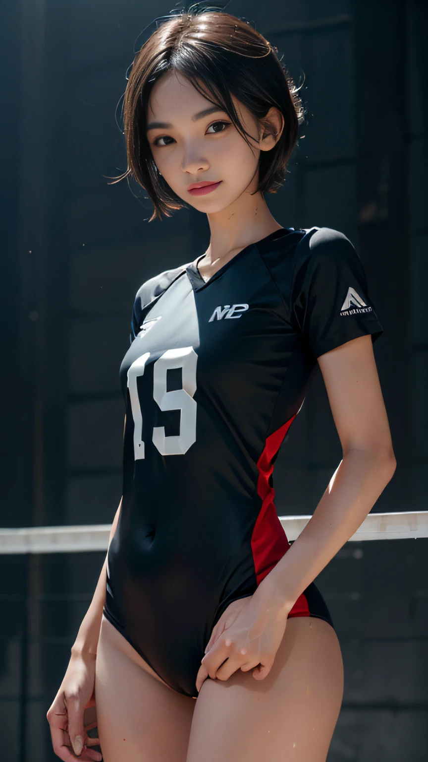 (The FW), 1womanl, Solo, 24 year old, 7headed body, (cute  face), (Ideal ratio body proportions), long , Volleyball Court, Volleyball uniform, Volleyball Attack, Wearing sweat, The costume is sheer, Wet, Smiling smile, short-hair, Dark hair, small tits, A slender, Small buttocks, beauty legs, Skinny Legs, surrealism, Cinematic lighting, depth of fields, One-person viewpoint, F/1.8, 135 mm, nffsw, masutepiece, ccurate, ((Anatomically correct)), Textured skin, Super Detail, high details, High quality, awardwinning, Best Quality, hight resolution, 8K