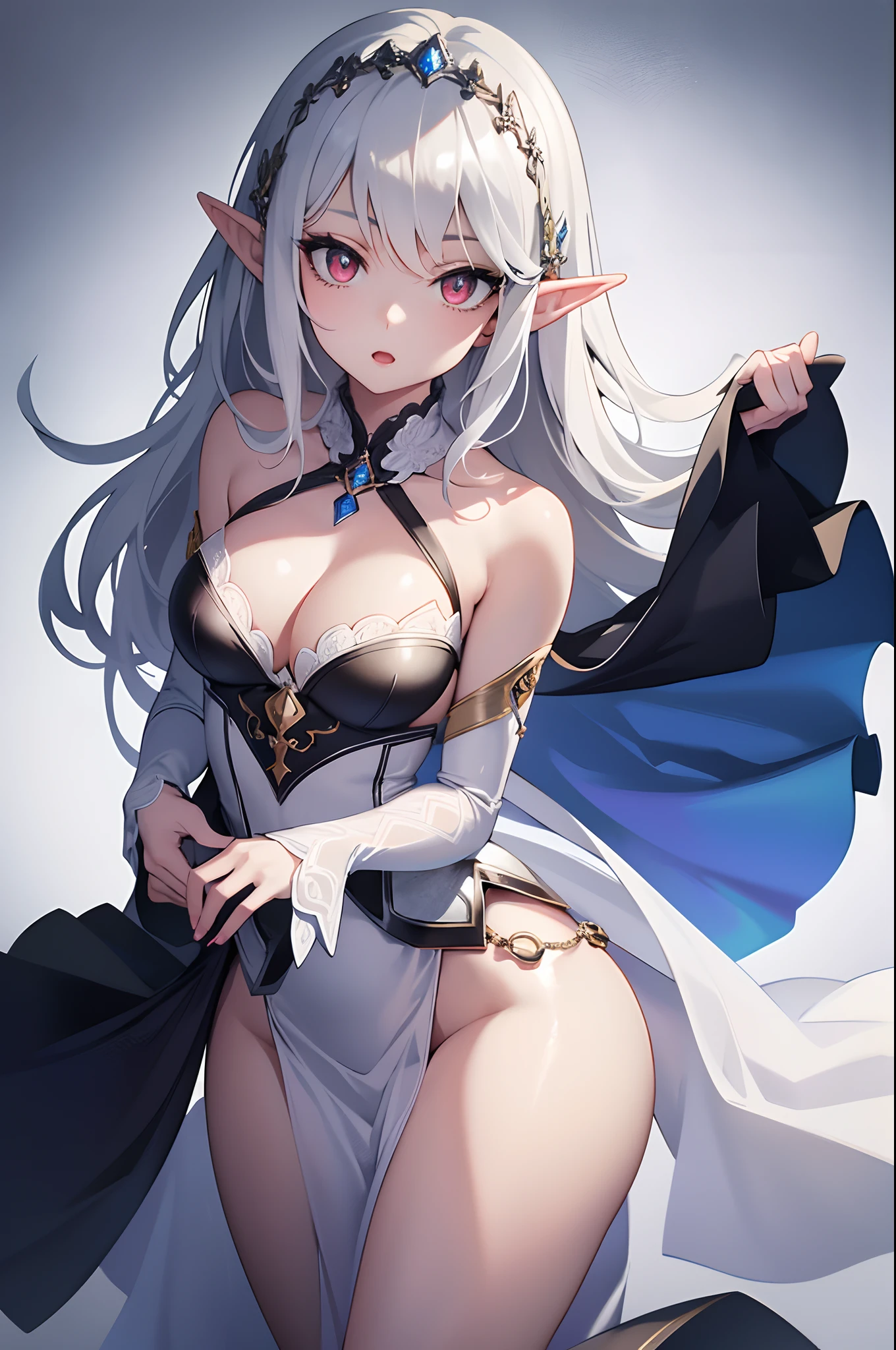 1girl, anime, cute girl, elf, blank background, white background, fantasy, detailed dark fantasy dress with highlights, beautiful face, beautiful eyes, dark colors, medium breasts, slight cleavage, beautiful skin, cute, silver hair, red eyes, breast curtains, extremely delicate and beautiful, (beautiful detailed face:1.0), (detailed deep eyes), symmetrical breasts, deep eyes, shiny skin, portrait, slender waist, hips wider than shoulders, thighs, young girl