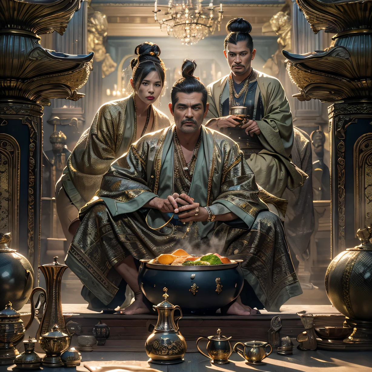 6 macho men，Top image quality，8K,conference site，In the canyon ancient temple，Look at the desktop all，Six male immortals，Black gold python robe crane relief，Gourd tea set，Six dishes and one soup，A masterpiece of telephoto photography，Realisticstyle，hyper photorealism, Cinematic lighting, projected inset,