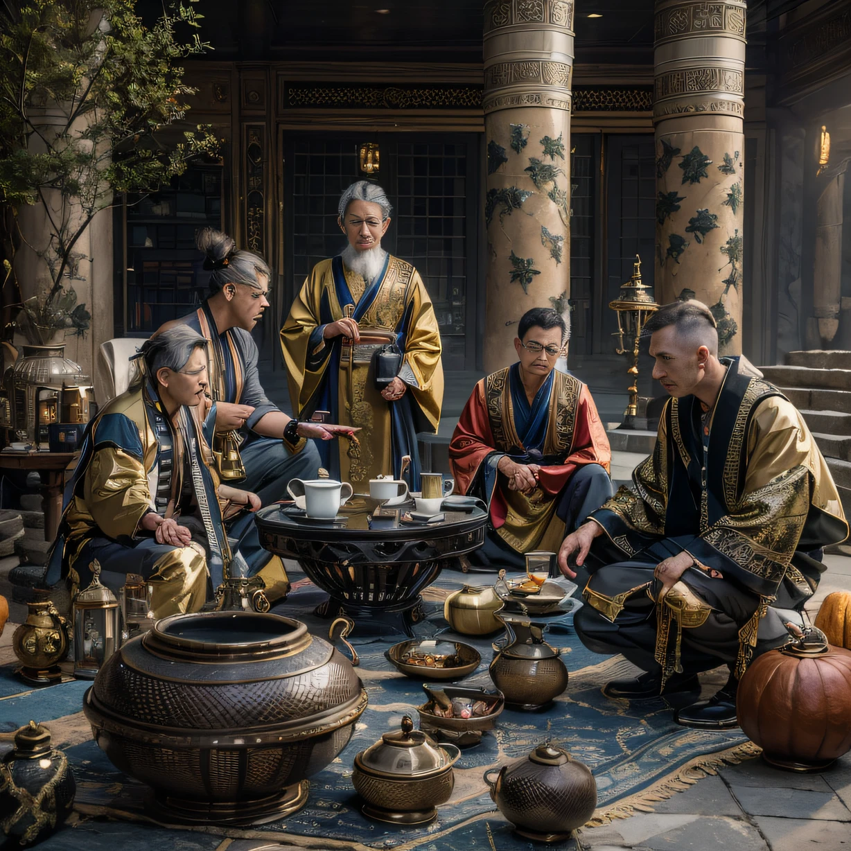 6 macho men，Top image quality，8K,conference site，In the canyon ancient temple，Look at the desktop all，Six male immortals，Black gold python robe crane relief，Gourd tea set，Six dishes and one soup，A masterpiece of telephoto photography，Realisticstyle，hyper photorealism, Cinematic lighting, projected inset,