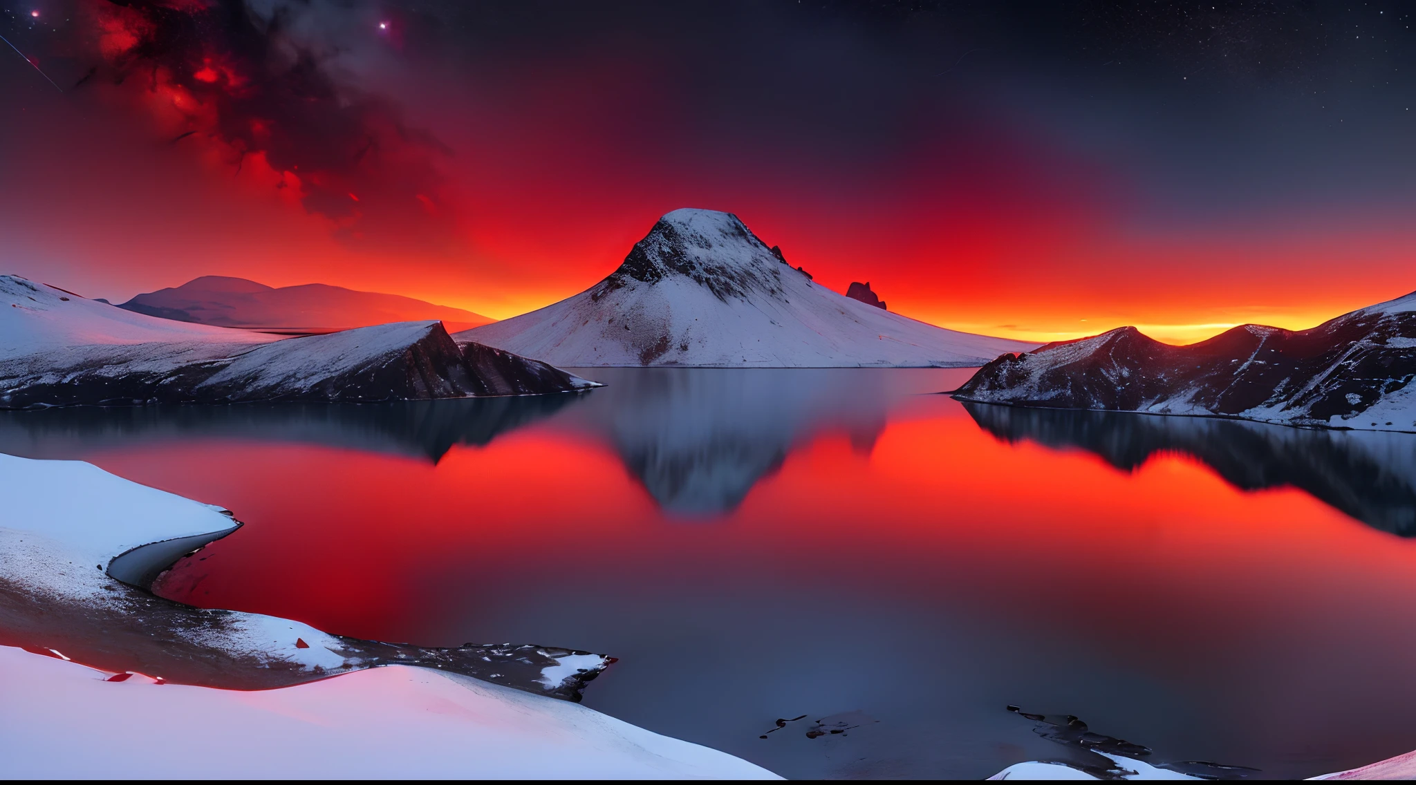 ((Masterpiece:1.4,Best Quality)), Clear starry sky
(lake), Volcanic lake, scenery, skye, winter,
(midynight:1.4),Morning Red, high detail, abundant, 8K, high detail, wallpapers,