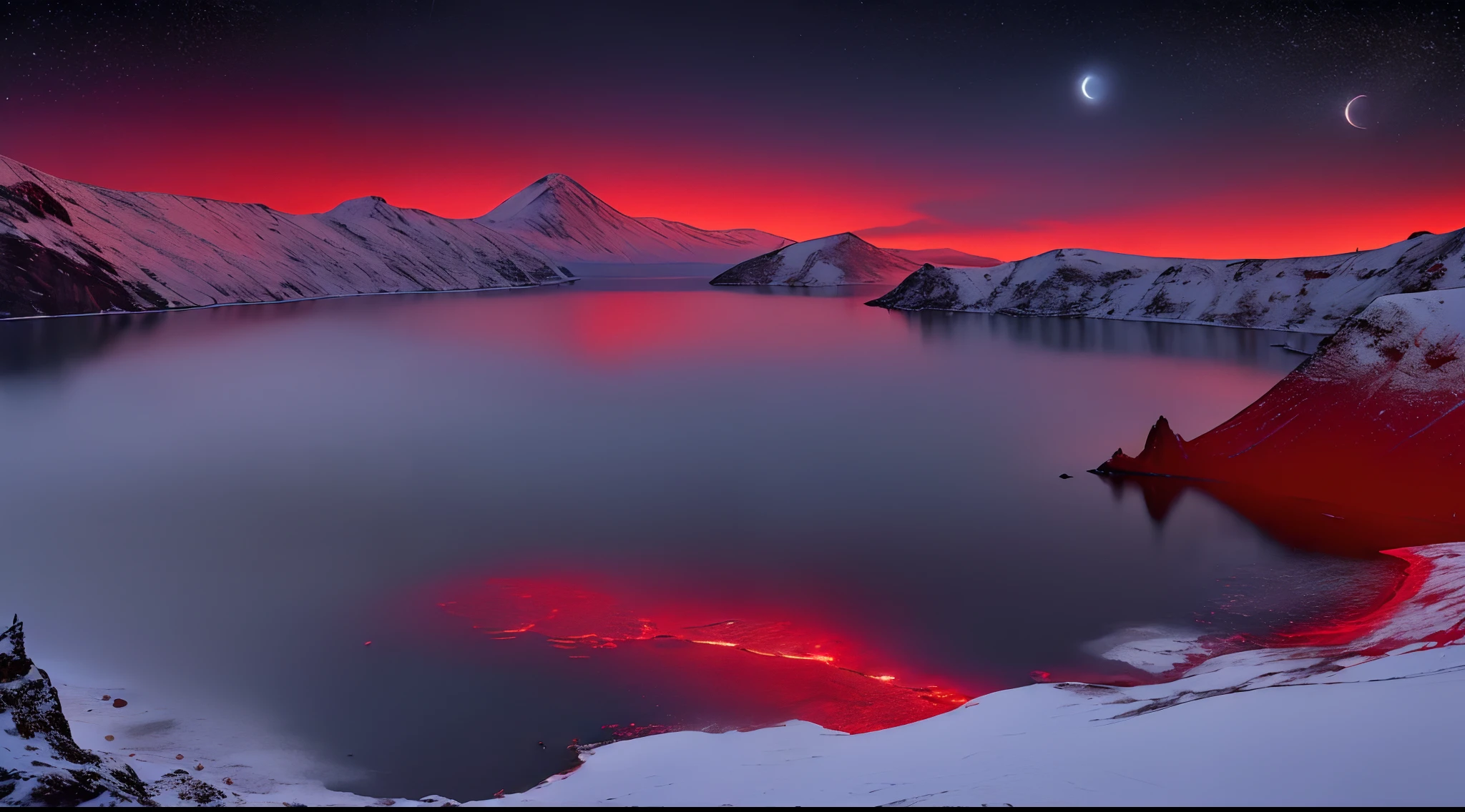 ((Masterpiece:1.4,Best Quality)), Clear starry sky
(lake), Volcanic lake, scenery, skye, winter,
(midynight:1.4),Morning Red, high detail, abundant, 8K, high detail, wallpapers,