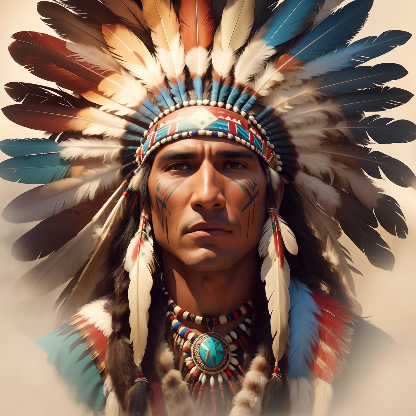 Extremely perfect cinematic humanized hyperrealistic image of a Native American man with feathers on his head, Indian warrior, Nativo americano, Guerreiro nativo americano, Arte nativa americana, INDIAN, Um guerreiro nativo americano, american indian headdress, nuvem vermelha, Arte nativa, cena de filme hd, eagle feather, cena de filme hd, amazing hyperrealistic image, : native american shamen fantasy, Chapelaria Nativa Americana de Penas, cena de filme estilo DC