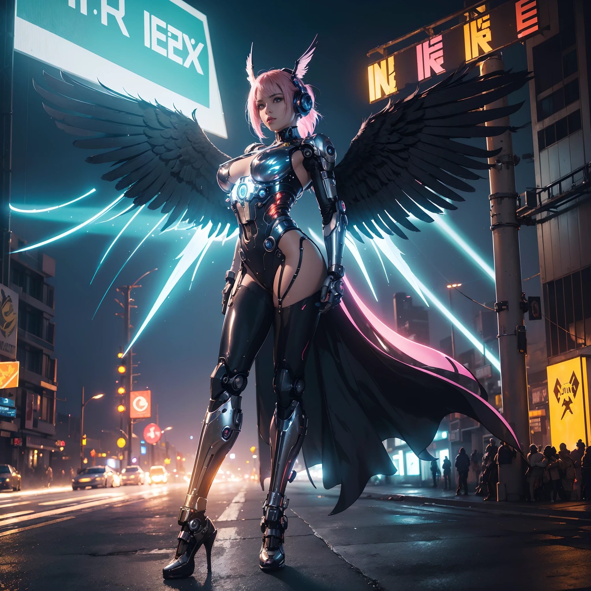 (wide wide shot)，(Best quality,Masterpiece:1.2),(Futuristic cyborg woman), (Rabbit ears)，bright colored hair，((A pair of huge feathered wings)),Her wings are a marvel of technology, A combination of a sturdy metal frame and a delicate translucent film,((Metal gears inside the mechanical body)),(Footwear),slim,Shiny metallic。(Facing the lens，Central symmetry)，standing on your feet，(No man's street)，Vibrant colors,Light trails and neon lights in the background,Science fiction art style.The lighting is dramatic, Bright areas contrast strongly with deep shadows, creating a sense of depth and dimension. The overall composition is vibrant and captivating, Centered on cyborg girls, Exude power, Grace, There is also a touch of mystery.