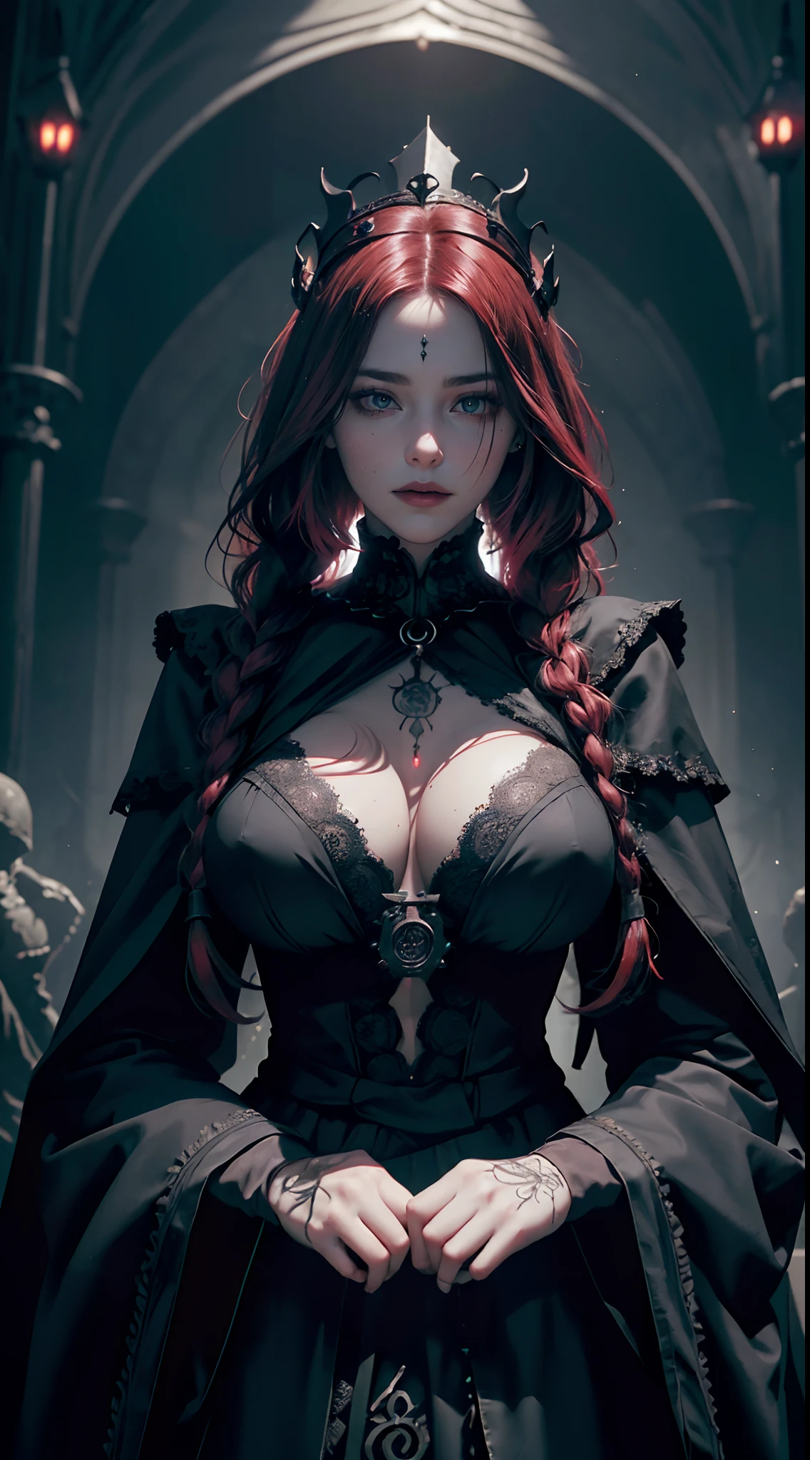 Official Art, Unity 8k wallpaper, super detailed, beautiful, beautiful, masterpiece, best quality,
darkness, atmosphere, mystery, romanticism, creepy, literature, art, fashion, victorian, decoration, intricacies, ironwork, lace, contemplation, emotional depth, supernatural,(((Dark magical energy surrounds her))),magic power surrounded,(((dark light surrounds her:1.5))),Dark Religious Tattoos,dark magic ceremony,be wreathed in mist,
1woman,dark light,,pray,arrogant,crimson hair,braided hair,poker face,glowing body,dark crown,black eye shadow,gigantic breasts,black lips,solo, neck,bust portrait,Red Lotus