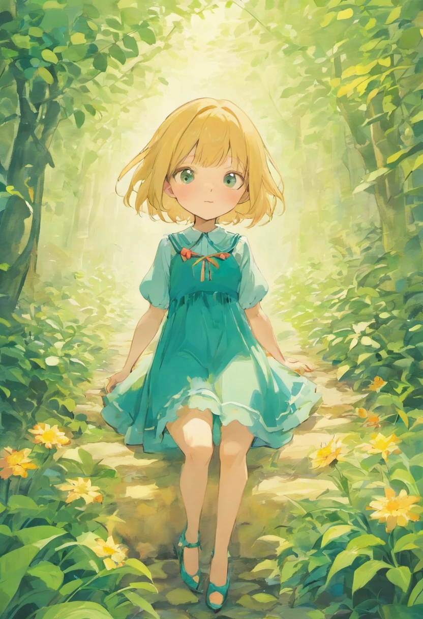 Illustration of a picture book in the style of Beatrix Potter, Shows a girl in the garden.Girl Blonde Hair, Hairstyle is short bob, The girl wears only a green dress, Anatomically correct pose, The illustrations are attractive and exquisite, Soft colors and details.