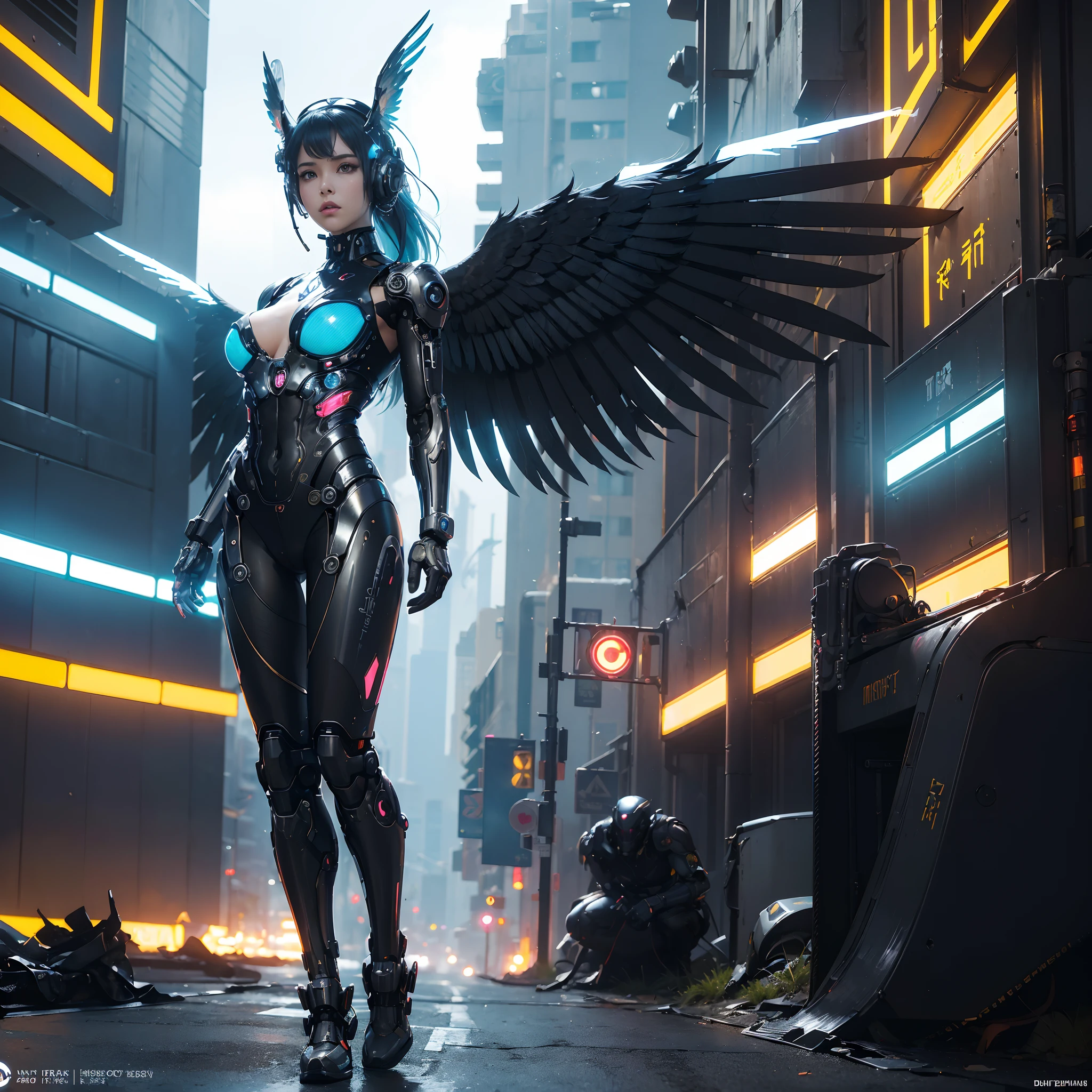 (wide wide shot)，(Best quality,Masterpiece:1.2),(Futuristic cyborg woman), (Rabbit ears)，bright colored hair，((A pair of huge feathered wings)),Her wings are a marvel of technology, A combination of a sturdy metal frame and a delicate translucent film,((Metal gears inside the mechanical body)),(Footwear),slim,Shiny metallic。(Facing the lens，Central symmetry)，standing on your feet，(No man's street)，Vibrant colors,Light trails and neon lights in the background,Science fiction art style.The lighting is dramatic, Bright areas contrast strongly with deep shadows, creating a sense of depth and dimension. The overall composition is vibrant and captivating, Centered on cyborg girls, Exude power, Grace, There is also a touch of mystery.