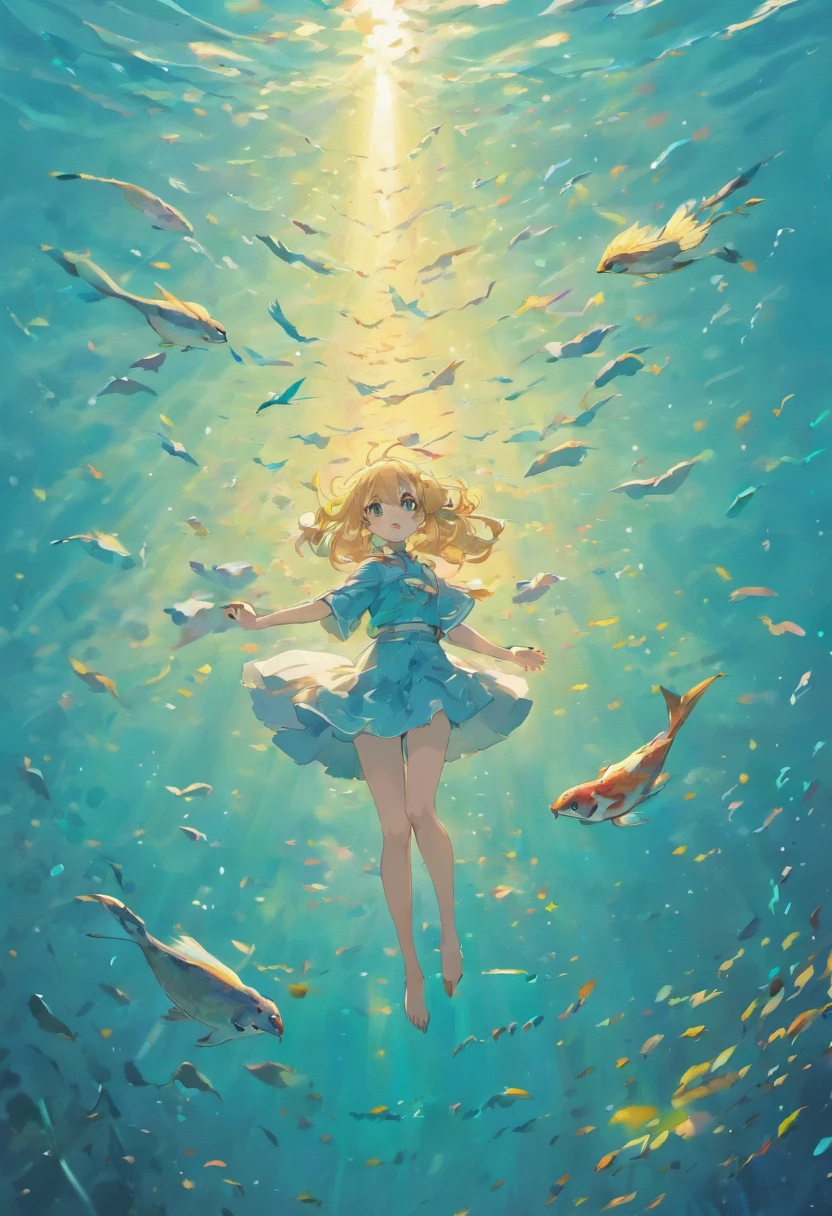 Birds fly in the sky,Fish swimming in the lake