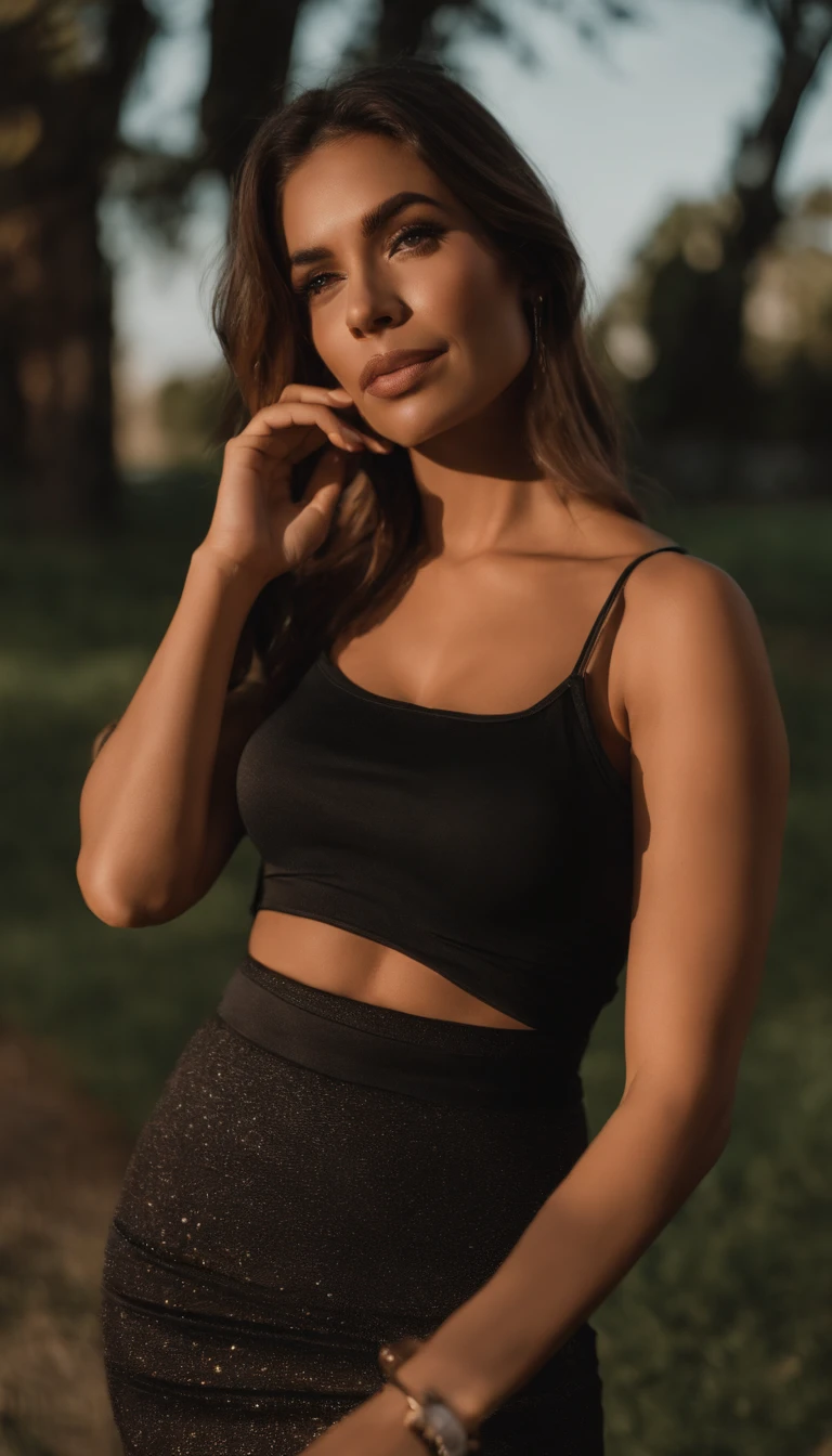 arafed woman taking a selfie in a white crop top and black skirt, wearing a sexy cropped top, wearing a black cropped tank top, wearing a cropped black tank top, wearing crop top, with ripped crop t - shirt, beautiful midriff, half body cropping, wearing crop top and miniskirt, wearing a tanktop and skirt