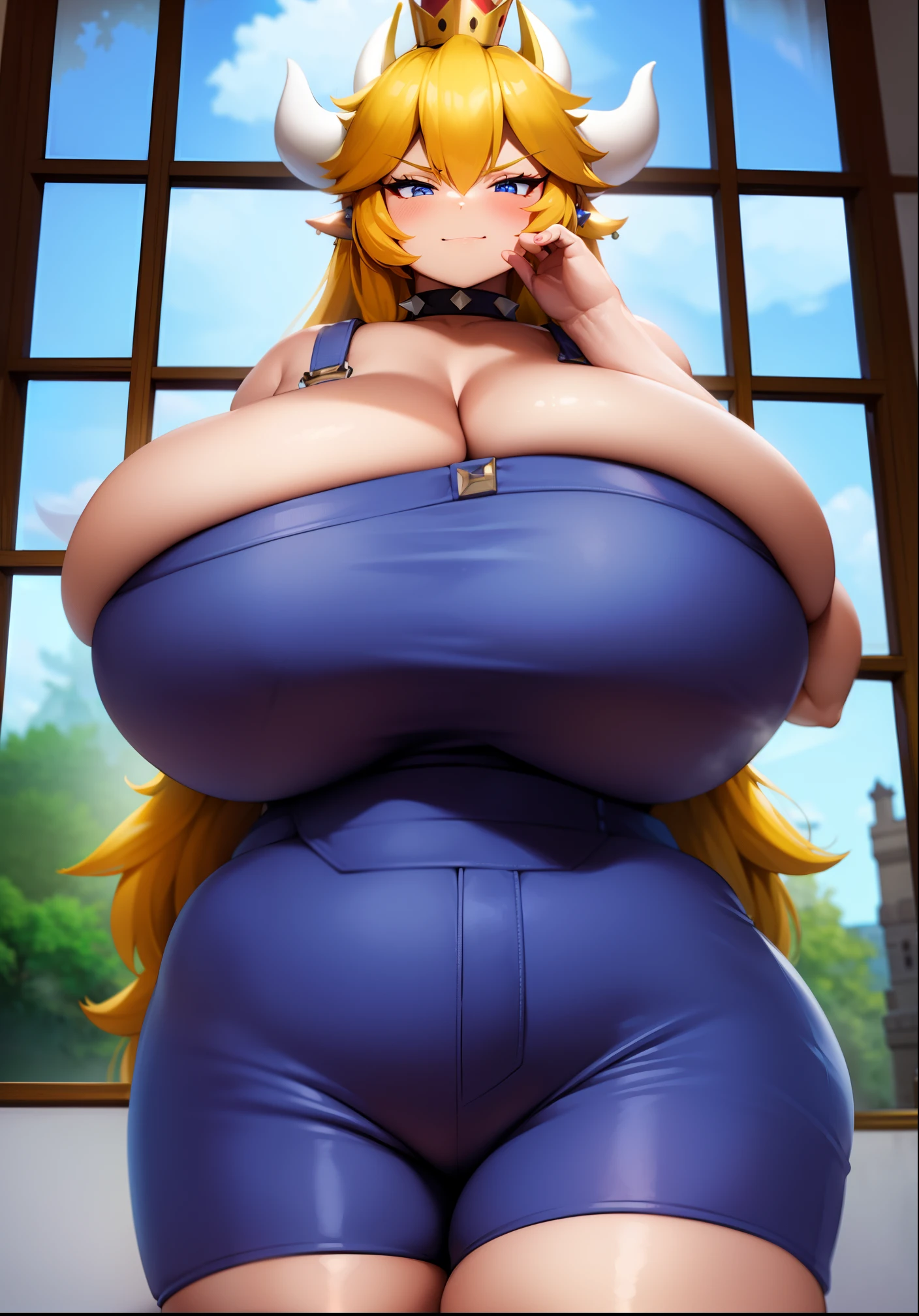 ((masterpiece)), (best quality:1.7), (detailed:1.4), (high res:1.4), 8k, (colorful:1.5), 2d, high resolution, sharped image, 4k, hd, bowsette, (1girl), (solo), blonde hair, blue eyes, spiked brazalets, spiked armlets, spidek choker, super crown, horns, ((white horns)), crown, (pink crown), ponytail, long hair, (middle body), ((thighs)), hands on own face, room, window, clouds, sun, sky, clouds, earrings, blue earrings, chest ornament, ((dungarees)), furniture, plants, decoration, ((castle)), (fluffy dress), (curvy body), standing, long dress, smug, closed mouth, (strapless), ((peace symbol)), ((((enormous huge natural breasts)))), cleavagebreasts, massive breasts,((blush))