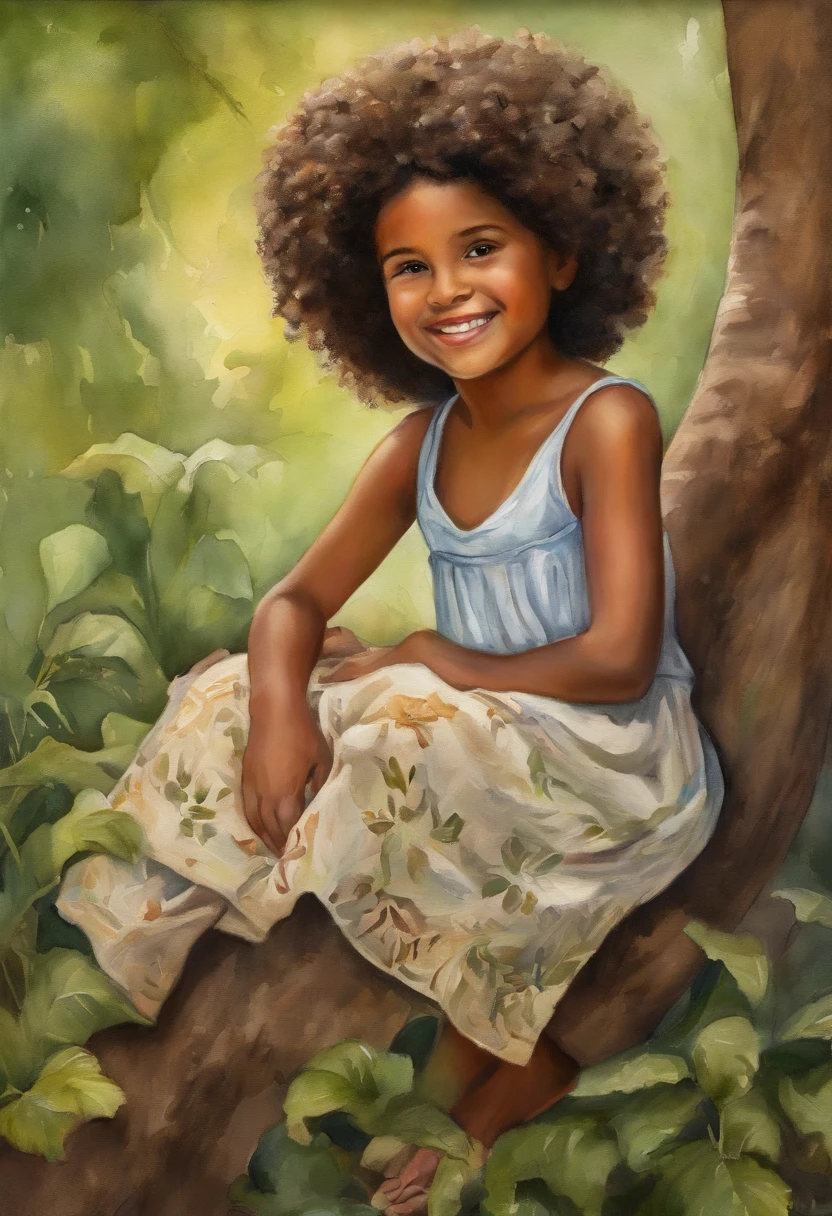 3D A girl is Bailey Morena Aescula, (((Solo))), telegraph stickers, Sitting in a tree in the park, Create soft, Women's long skirt, (((Portrait realism))), (african american girl) (((Brown hair))), (((Close up details facial emotions: 1.15))), (((Giant hair))), Freedom, Profile image, Stand confidently, She is the center of the garden, Smiling face, List image, 8K, Dreams