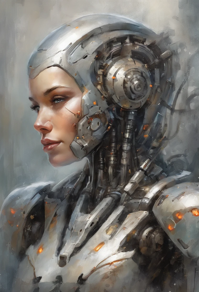 ((Robot girl, Mecha)), Glowing eyes, Delicate face, Broken armor, Mechanical Aura, Mechanical arm, Gray hair, Long hair, Ceramic body, thigh gap, Small breast, Cyber background, Very excellent city, (Translucent, Reflective skin), 8K, Best quality, Ultra-detailed, (surrealism: 1.4),