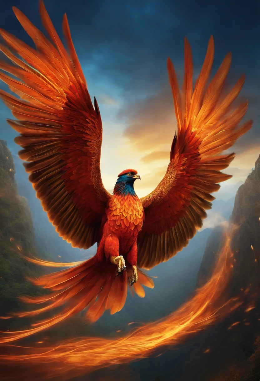 Create a stunning animated image of a majestic phoenix or falcon in flight, with vibrant colors and intricate details that capture the essence of its mythical or regal nature. The image should convey a sense of power, grace, and transcendence.