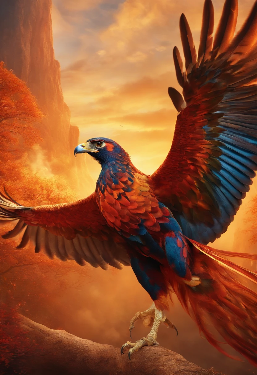 Create a stunning animated image of a majestic phoenix or falcon in flight, with vibrant colors and intricate details that capture the essence of its mythical or regal nature. The image should convey a sense of power, grace, and transcendence.